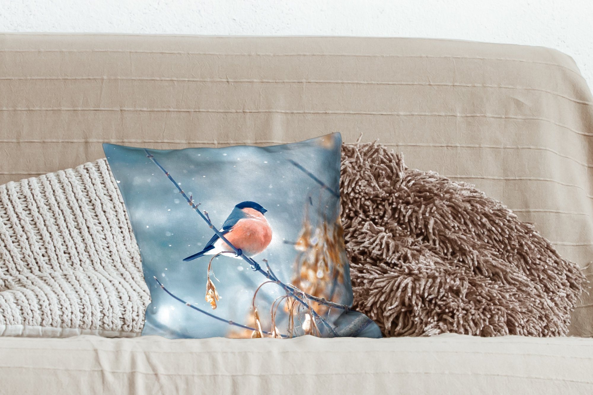 Füllung Schlafzimmer, Blätter, Schnee Herbstliche Wohzimmer, - Sofakissen Rotkehlchen Vogel Deko, mit Dekokissen Zierkissen für MuchoWow - -