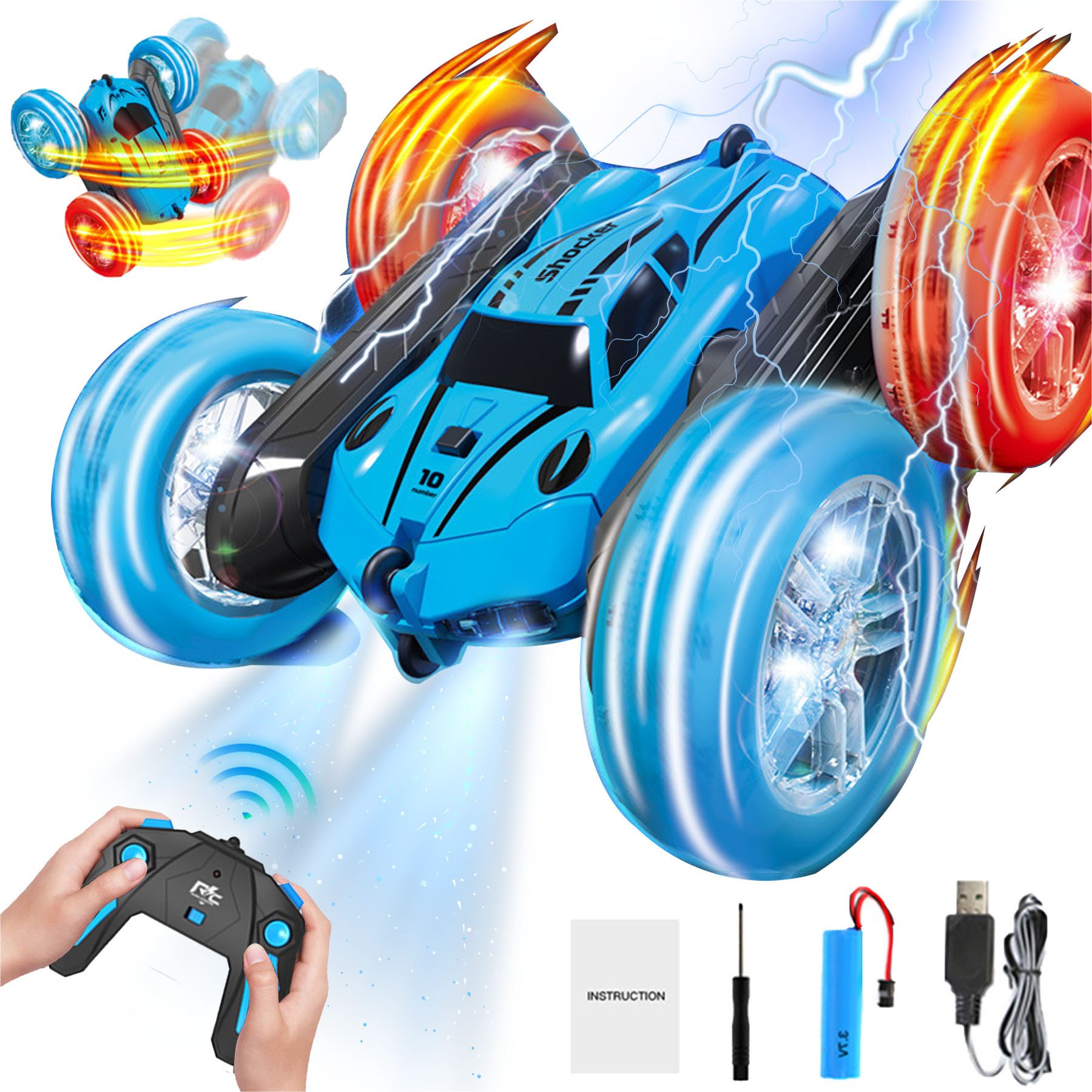 Senmudi RC-Auto Ferngesteuertes Auto RC Auto mit LED Lights 2.4GHz Fahrstuntfahrzeug (360° Stunts und 180° Flips,Coole Lichteffekte steigern den Fahrspaß, Mit USB-Anschluss aufladbar, für Powerbank, Adapter oder PC), Inklusive Auto, Fernbedienung, Akku, Ladekabel und Zubehör