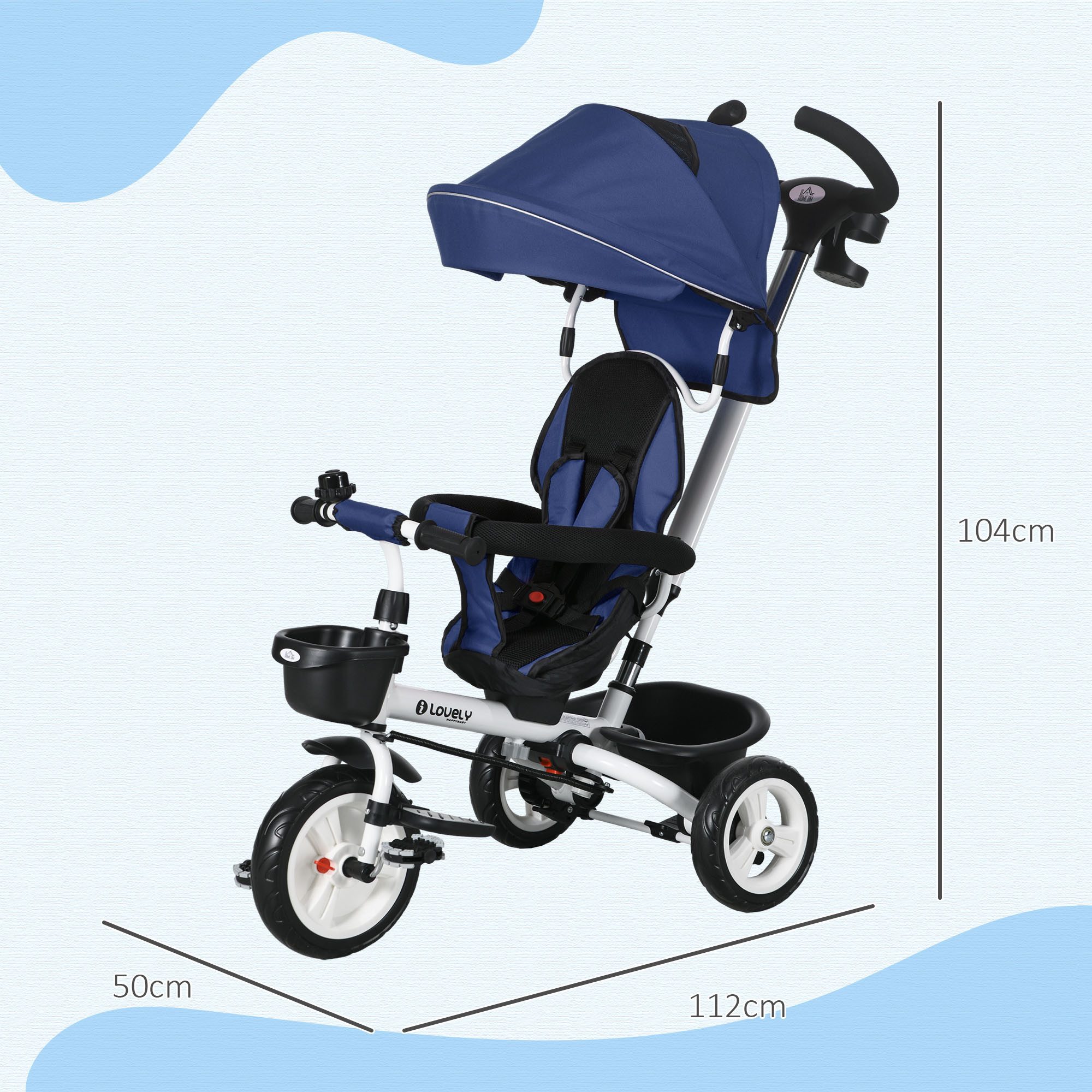 HOMCOM Dreirad 6 in 1 Kinderdreirad, vorwärts/rückwärts, Korb+Getränkehalter, für 1-5 Jahre Kinder, Blau