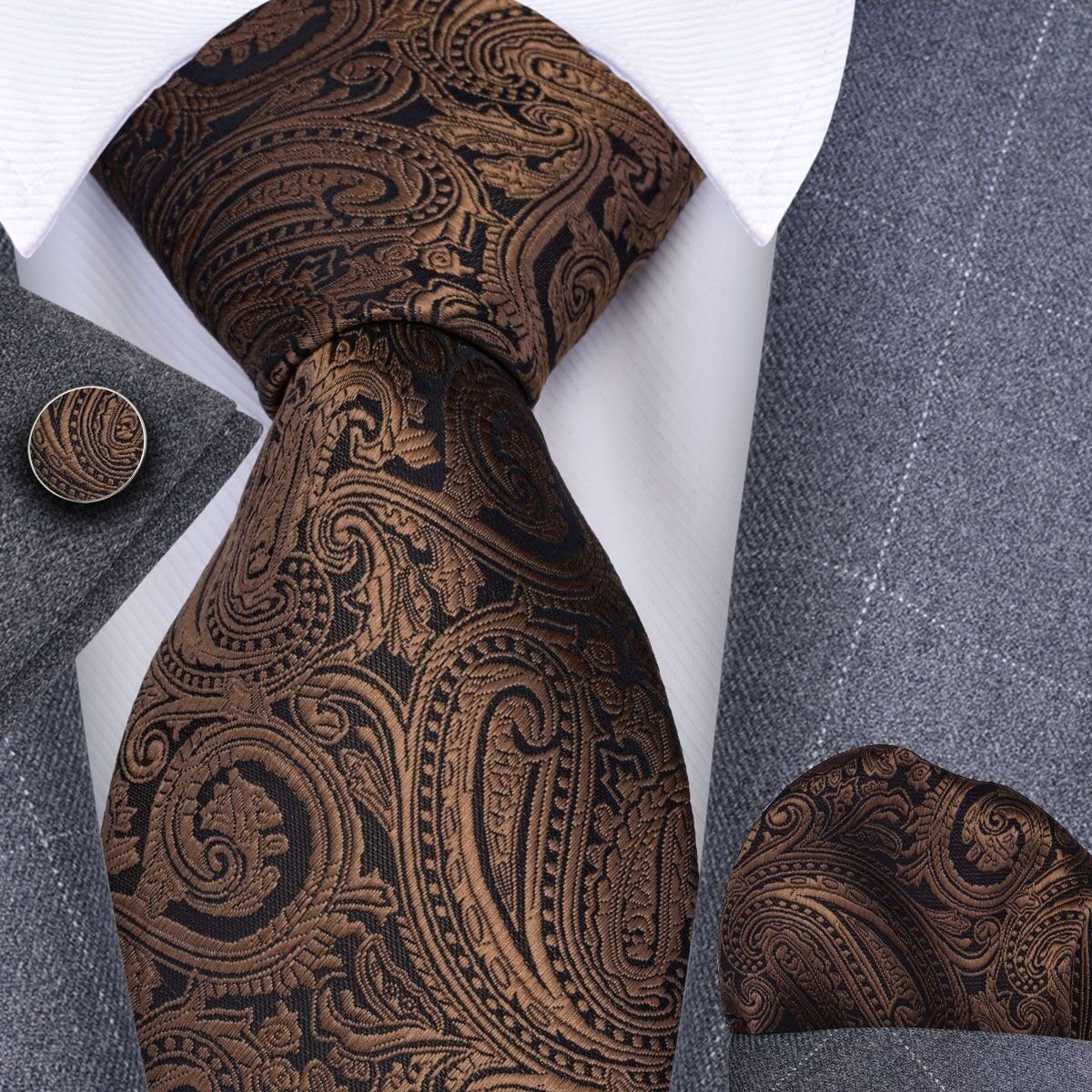 Manschettenknöpfe Herrenkrawatte Trachtenkrawatte Krawatte - Krawatte Seide Braun Krawatte Seidenkrawatte Einstecktuch + Moschen-Bayern Krawatten-Set +