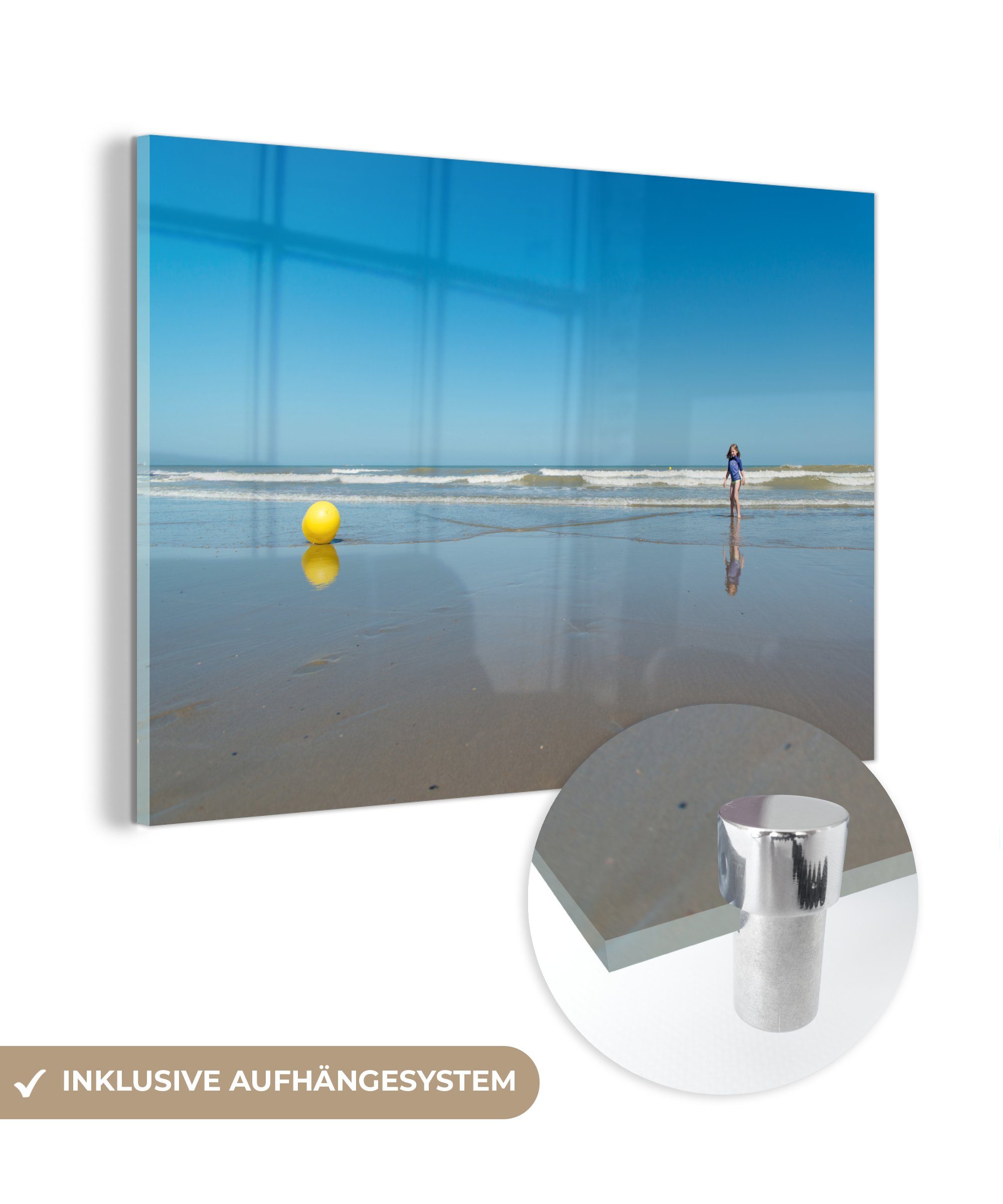 MuchoWow Acrylglasbild Nordsee - Strandball - Gelb, (1 St), Glasbilder - Bilder auf Glas Wandbild - Foto auf Glas - Wanddekoration