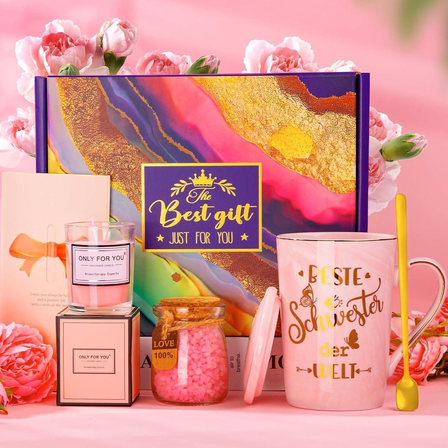 ALBISS Geschenkbox Geschenkset Schwester Kaffeetasse Duftkerze Badesalz Spa-Badeset Rose