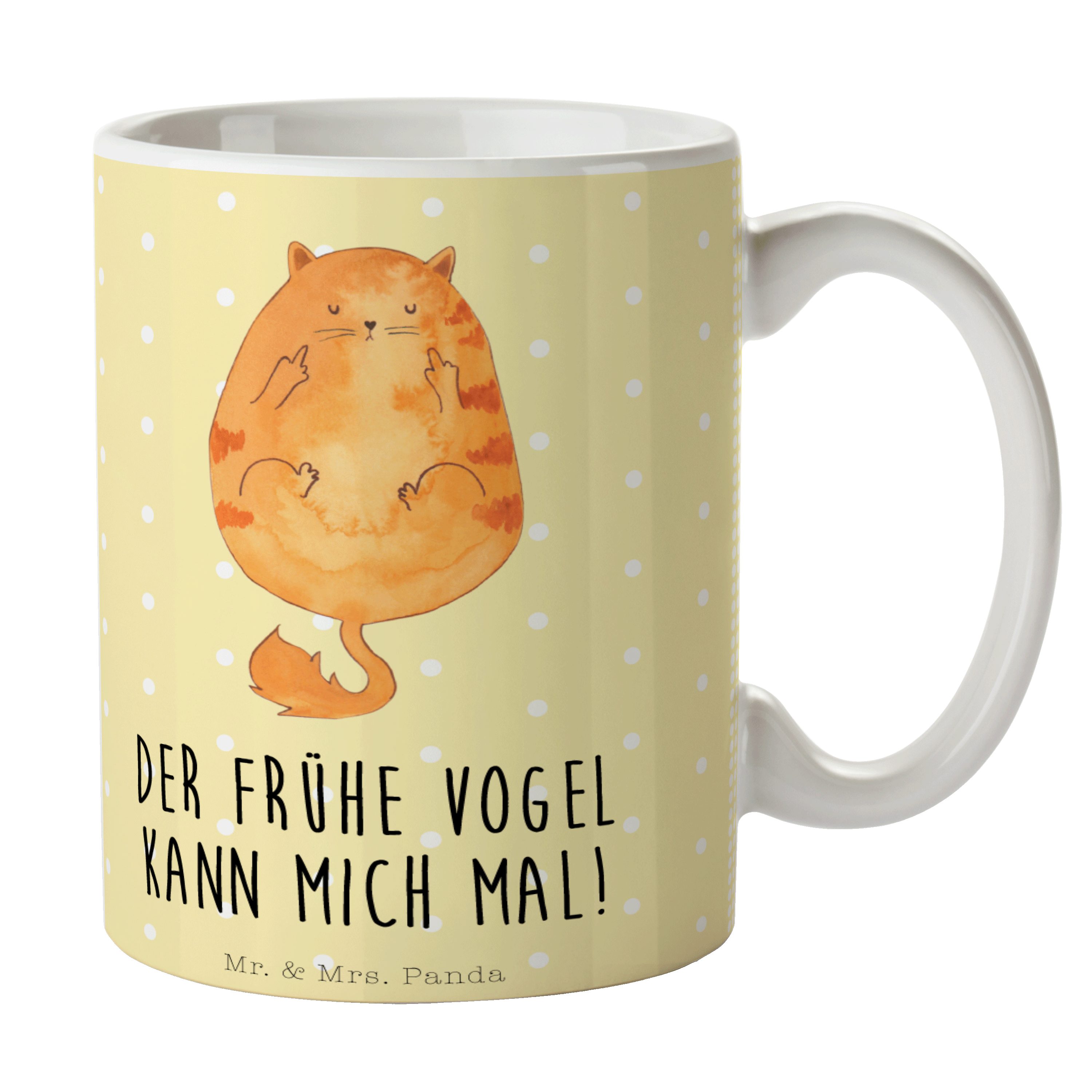 Mr. & Mrs. Panda Tasse Katze Frühaufsteher - Gelb Pastell - Geschenk, Katzenliebhaberprodukt, Keramik