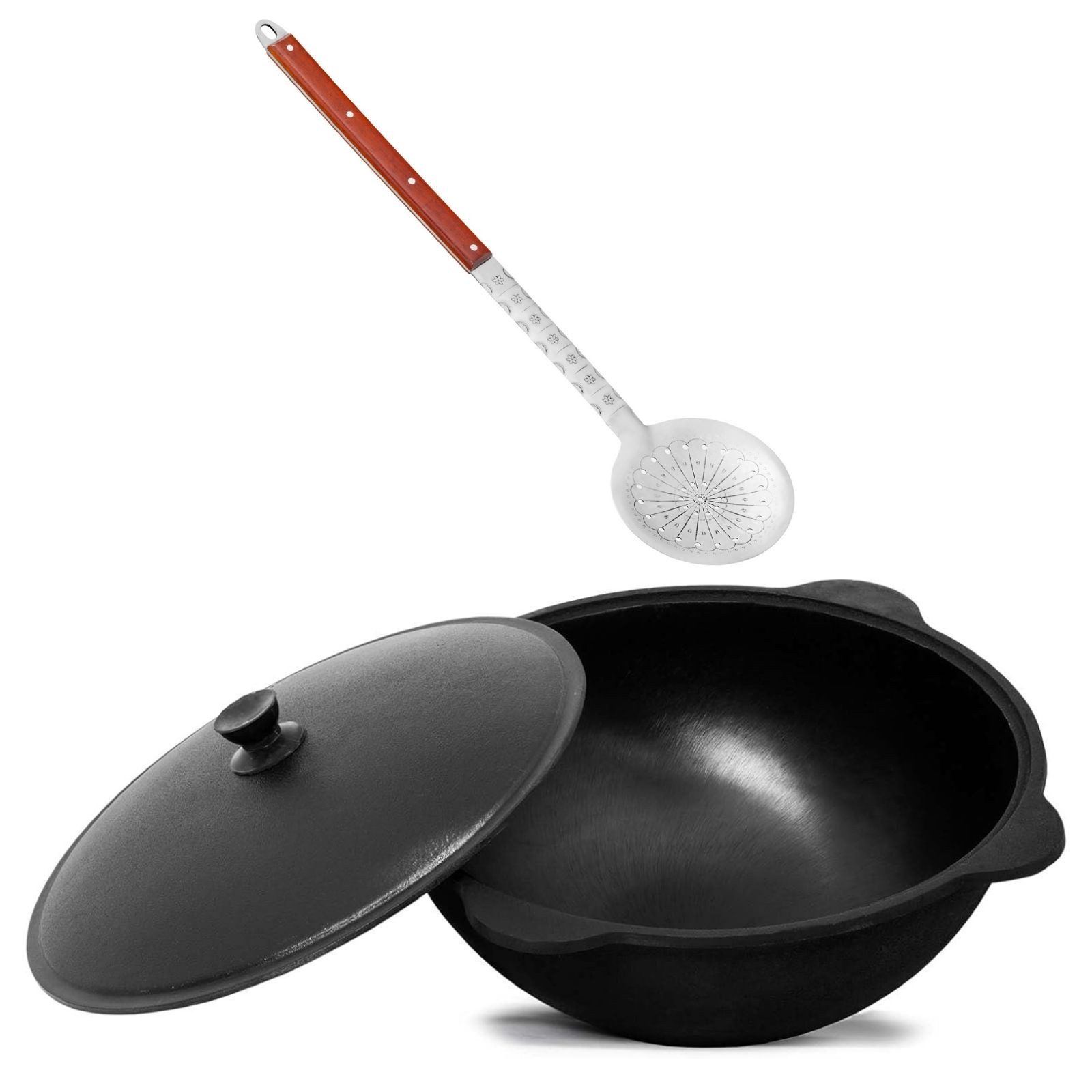 4BIG.fun Grilltopf Gusseisen Kasan 16L Aluminium Deckel WOK Schaumkelle Kazan Campingtopf, Gusseisen (Gusseisener Kasan mit Deckel und Schaumkelle)