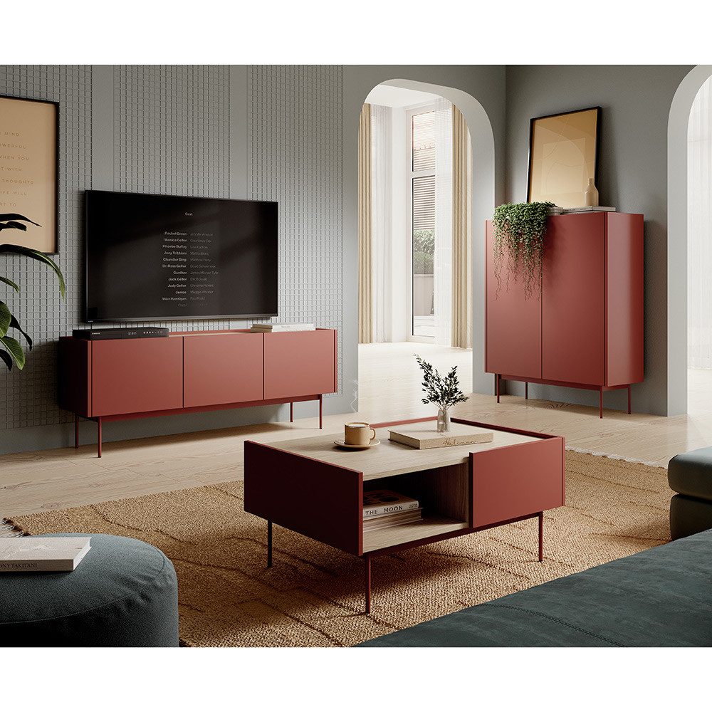 Lomadox Wohnzimmer-Set CHEYENNE-160, (Mega-Spar-Set, 3-St., Lowboard Couchtisch Highboard), Keramik rot mit Eiche, Matt, griffloses Design