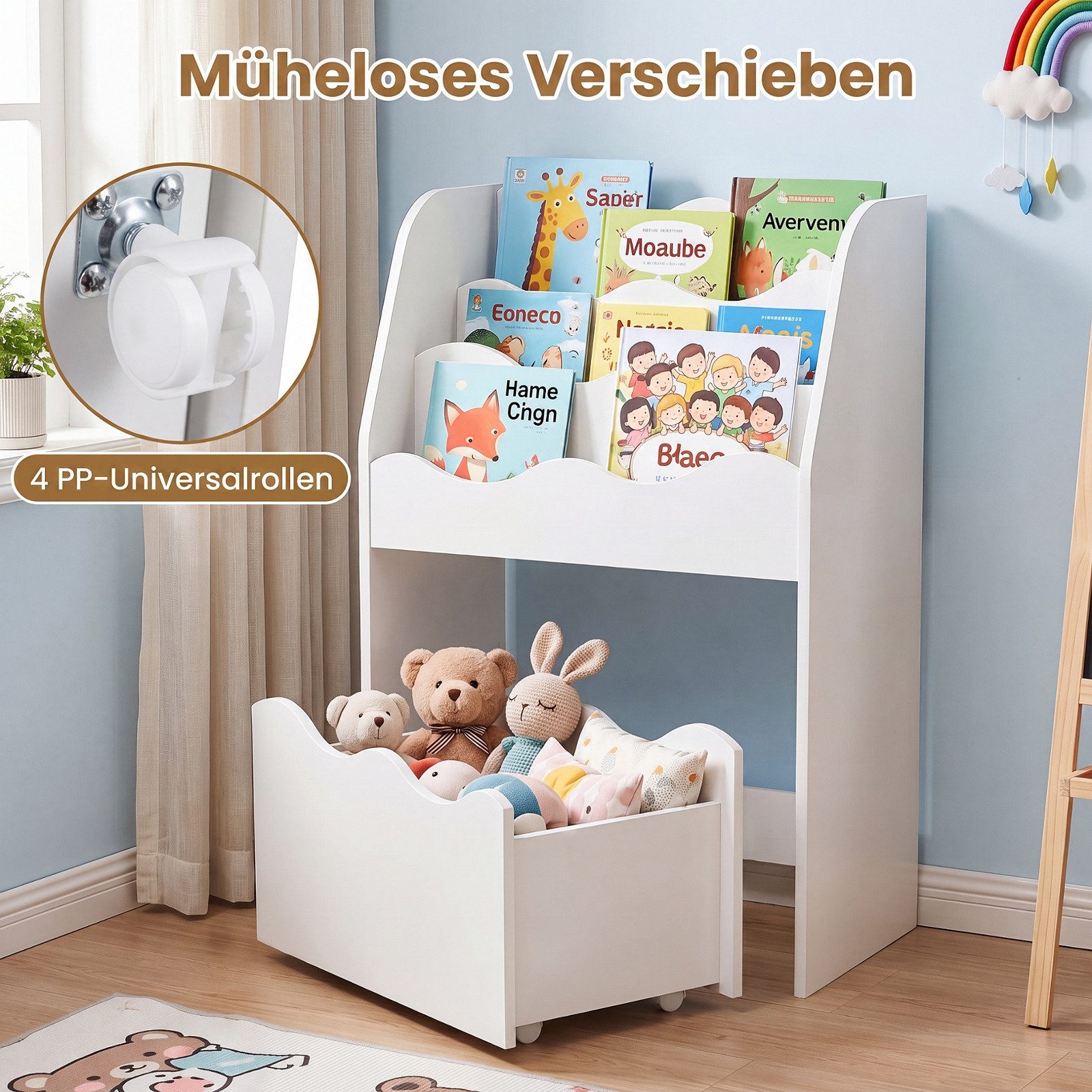 COSTWAY Kinderregal, 3-stufiges Bücherregal mit rollbarer Schublade, Holz