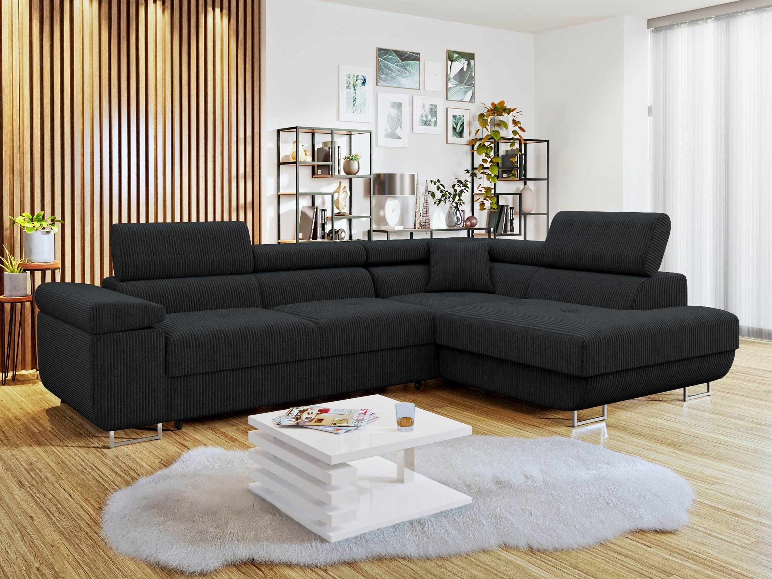 MIRJAN24 Ecksofa Torezio Cord, mit Bettkasten und Schlaffunktion, Einstellbare Kopfstützen, 274x203x70-90 cm
