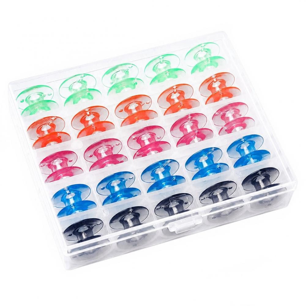 Nähwelt Flach Nähmaschinen-Spule - Spulenbox mit 25 farbigen Spulen (Spulenhöhe 11,5 mm)
