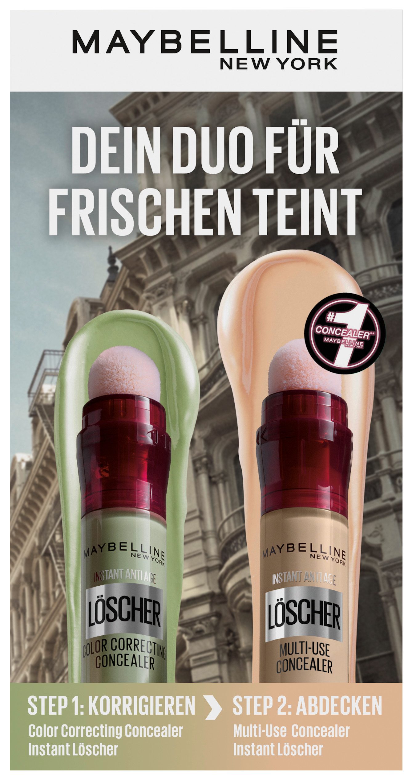 MAYBELLINE NEW YORK Schmink-Set Set: Instant Anti-Age Effekt Löscher Concealer grün + 01, integrierter Applikator, Anti-Age Effekt, ebenmäßiger Teint.