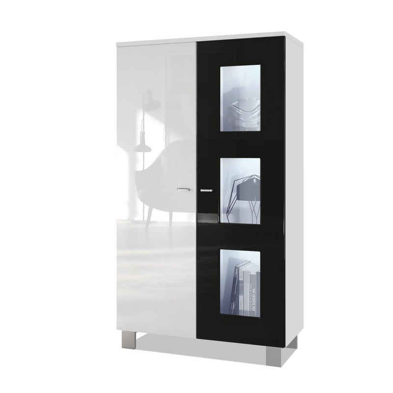 Vladon Standvitrine Denjo (Standvitrine, mit 2 Türen und 3 Glaseinsätzen) Weiß matt&glänzend/ Schwarz glänzend mit Beleuchtung (71x129x35 cm)