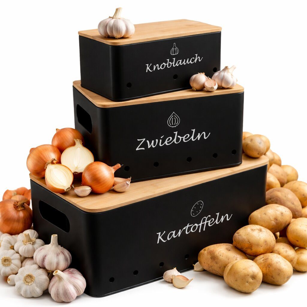 BigDean Aufbewahrungsdose 3er Set aus Metall – für Kartoffeln, Zwiebeln & Knoblauch (Set, 3 St., 3er), Integrierte Belüftungslöcher, seitliche Tragegriffe