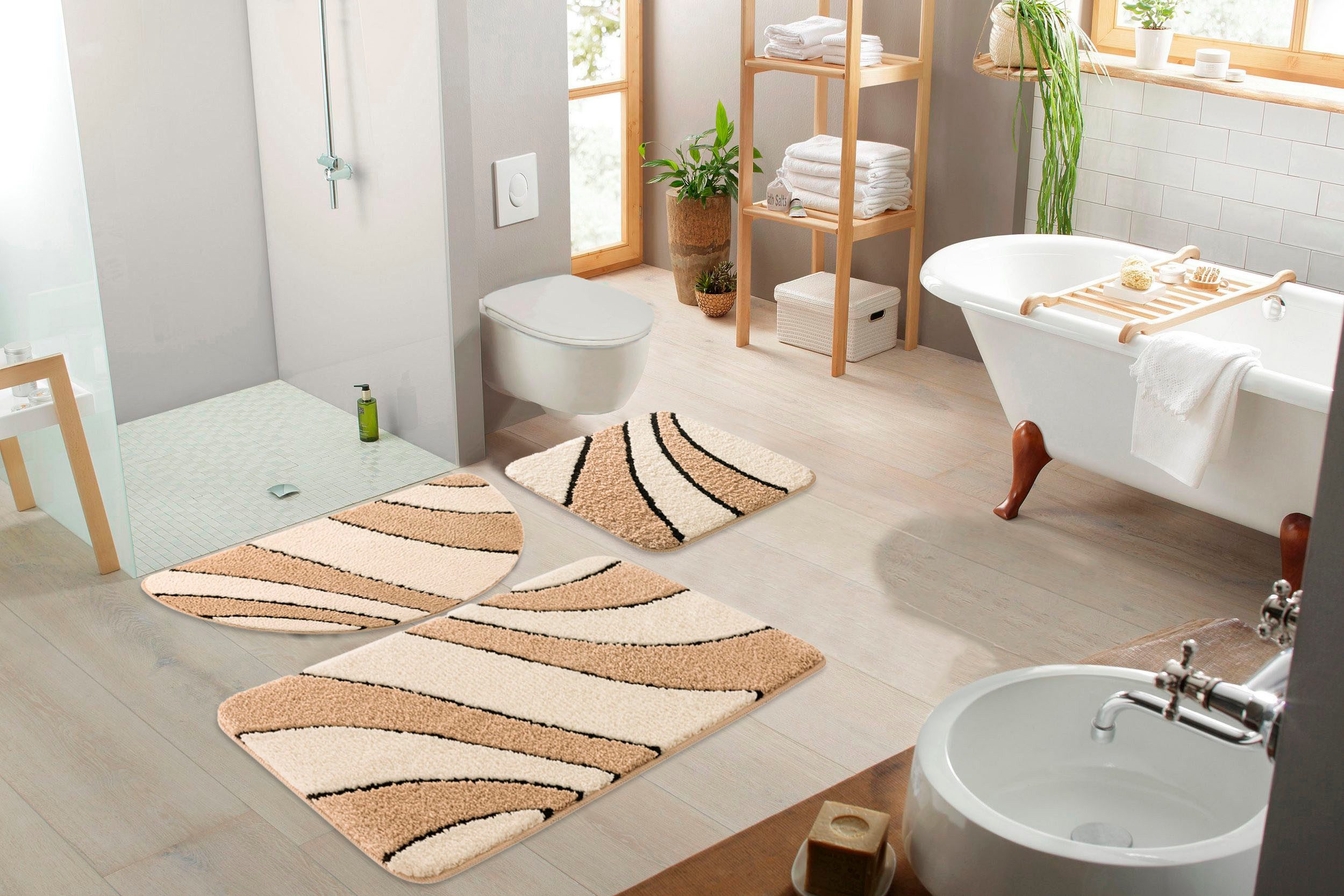 OTTO home Badematte Anna, Badvorleger, Badezimmer Teppich, Höhe 16 mm, rutschhemmend beschichtet, fußbodenheizungsgeeignet, schnell trocknend, Polyester, rechteckig, Badteppich, Hoch Tief Effekt, Modern, Weich, Wellen