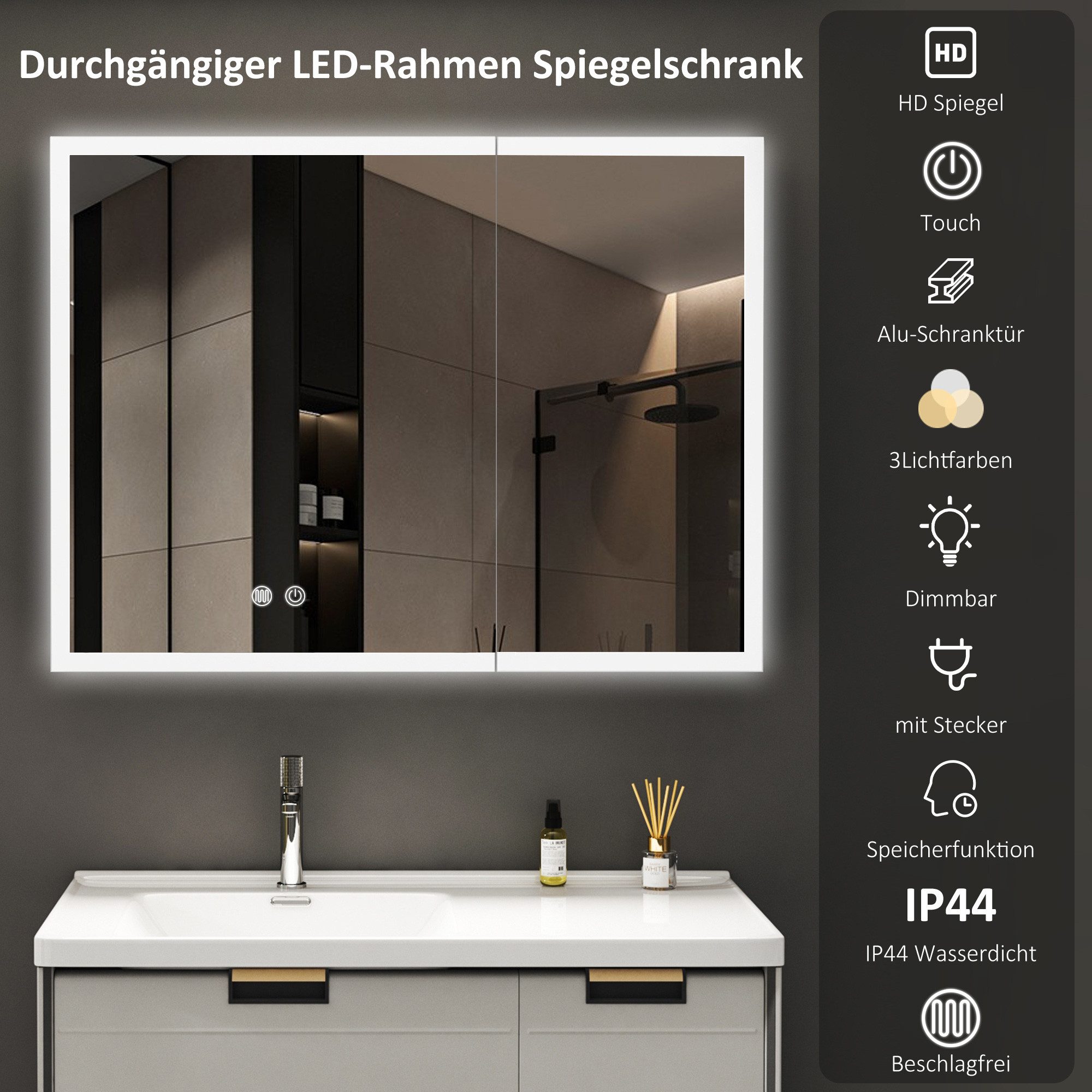 Spiegelschrank LED Schwarz Alu-Schranktür Badezimmerspiegelschrank 80x60x13cm