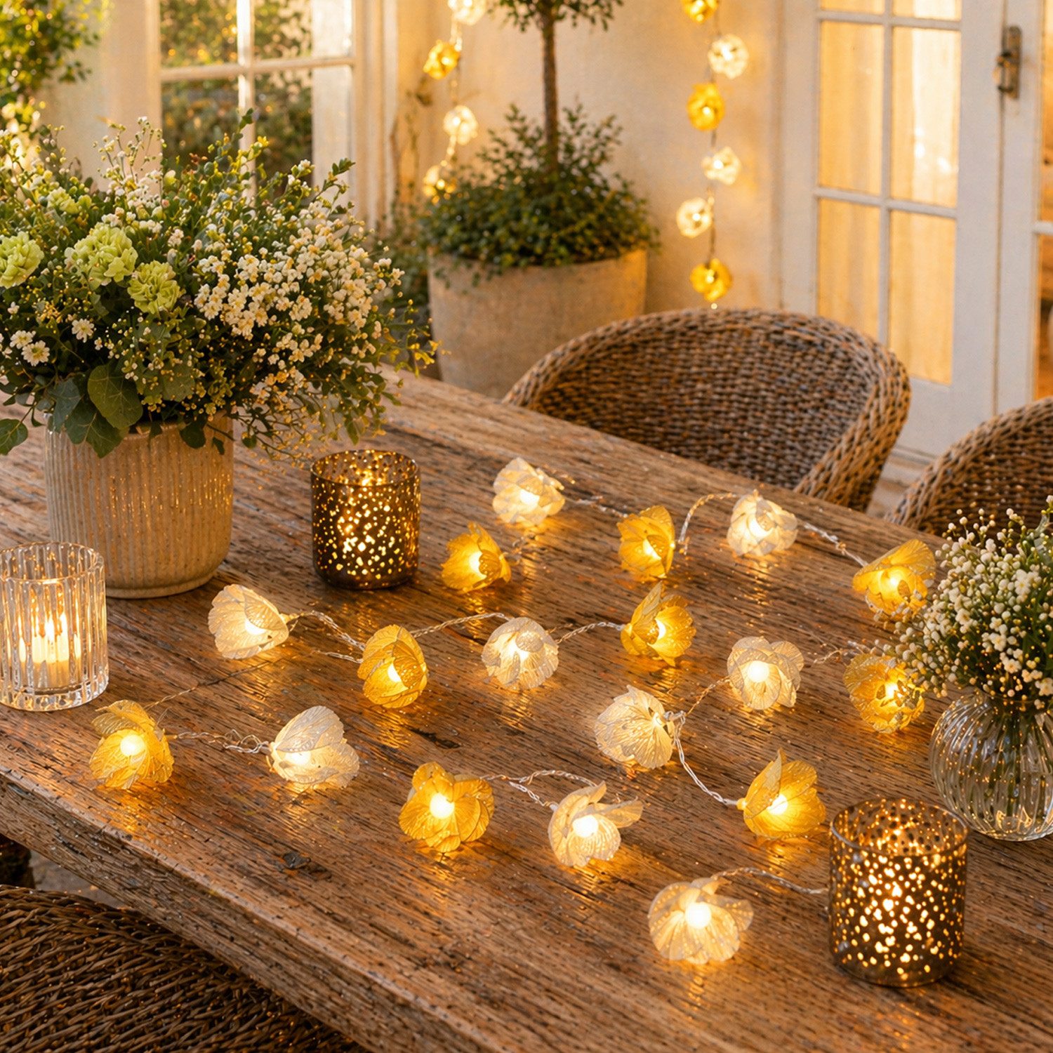 MARELIDA LED-Lichterkette Blumen Blumengirlande 15 weiße u. gelbe Blüten Timer L: 1,4m Außen, 15-flammig