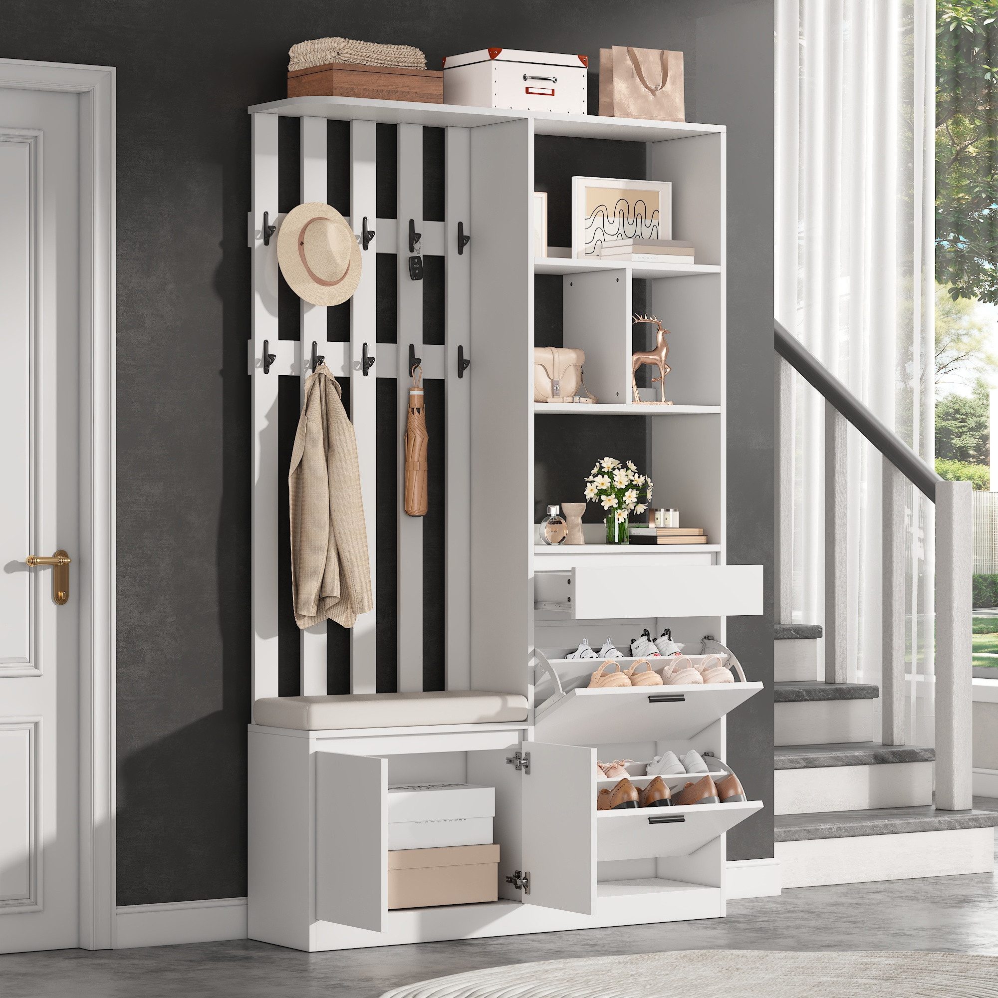HAUSS SPOLE Garderoben-Set mit Sitzbank,Garderobenständer mit Schublade & Kleiderhaken,Weiß, (Garderobenschrank Dielenmöbel mit Schuhablage), 120x30x200cm Flurgarderobe mit Kippschutzvorrichtung