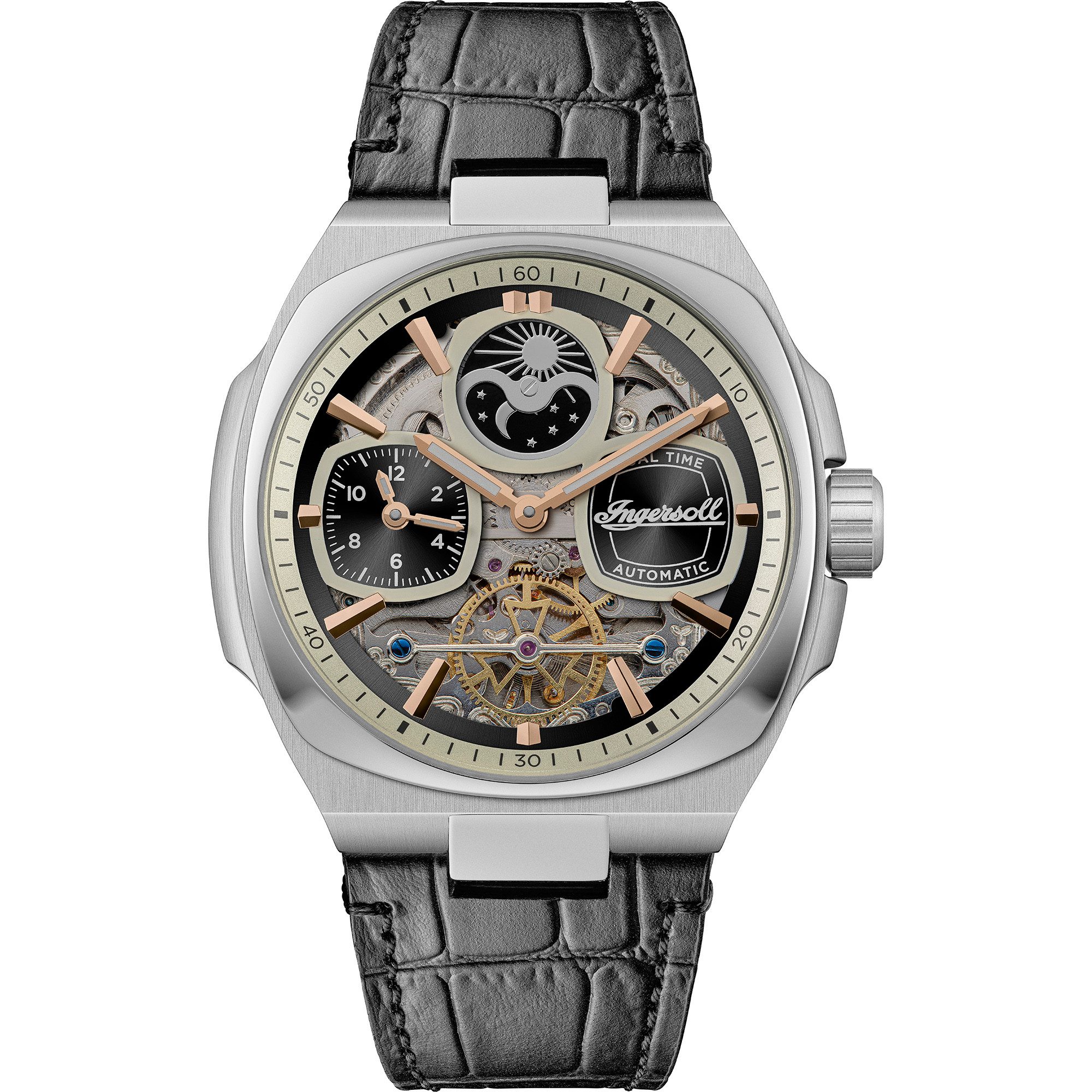 Ingersoll Automatikuhr The Spirit I15801, Armbanduhr, Herrenuhr, Mechanische Uhr, Lederarmband, analog, Dualzeit