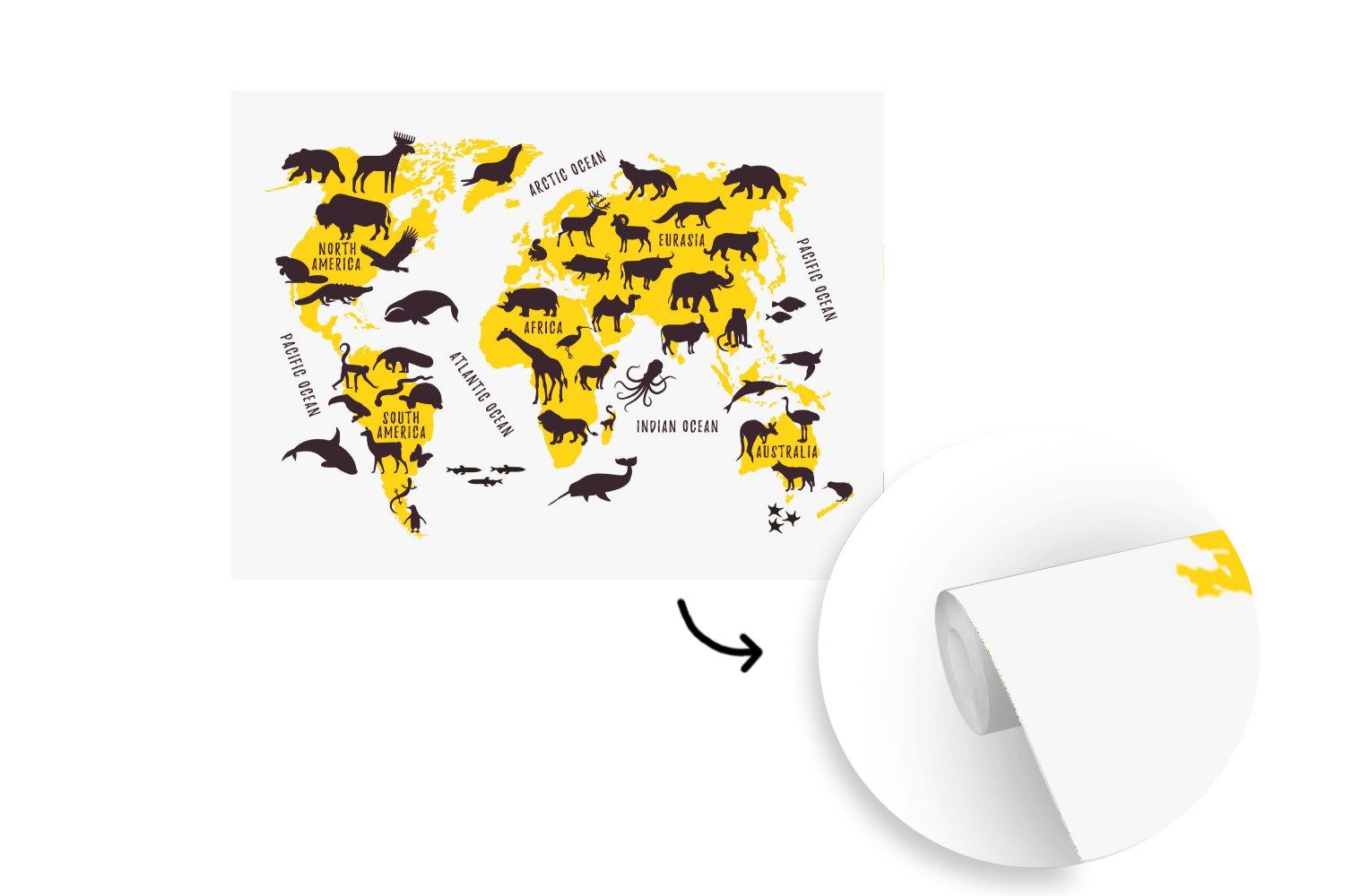 Tiere Tapete MuchoWow für Gelb, Wohnzimmer, Wallpaper Kinderzimmer, Fototapete Weltkarte (6 bedruckt, Matt, St), - Schlafzimmer, Vinyl -