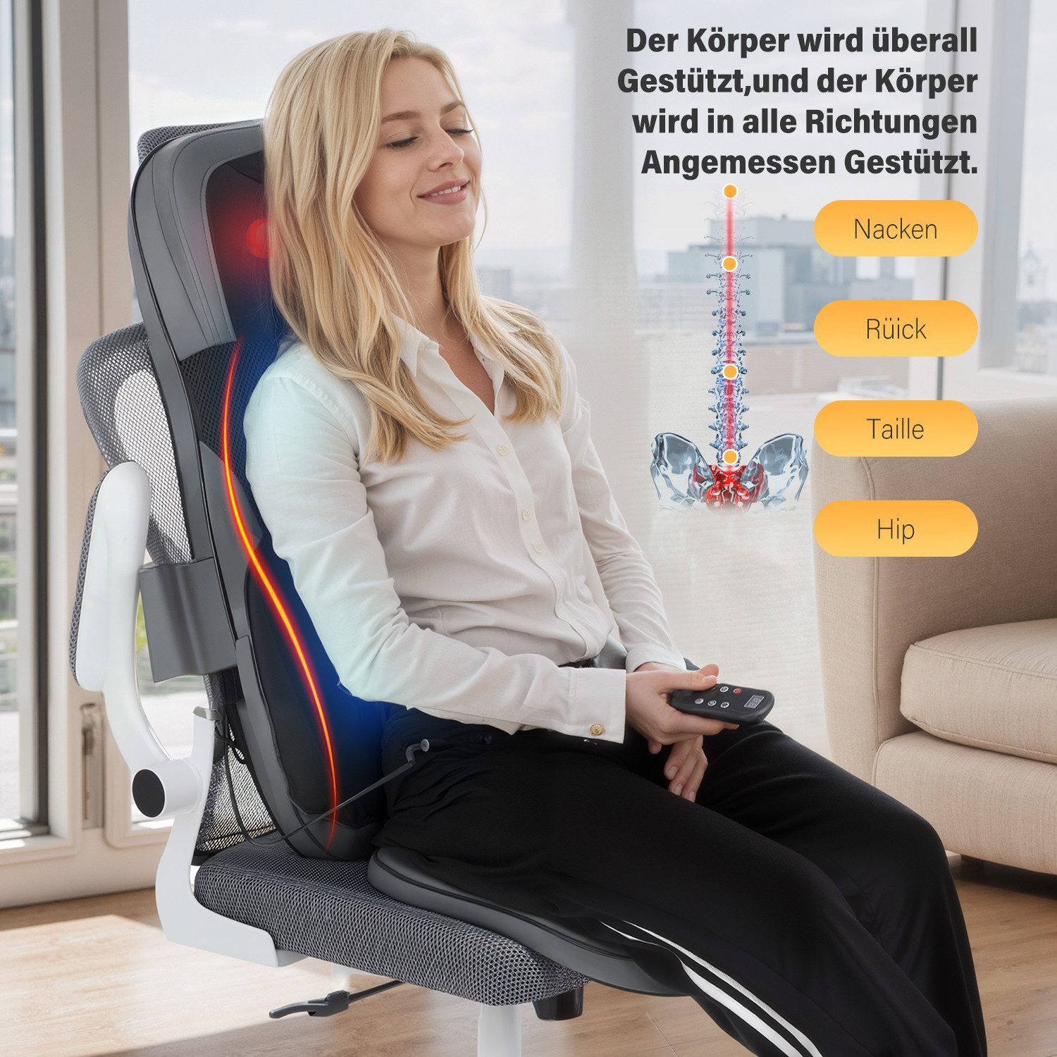 oyajia Shiatsu-Massagesitzauflage Multifunktionales Massagekissen mit Wärmefunktion und Vibration, 3 Massagezonen, Nackenmassage, Rotlicht-/Wärmefunktion, waschb. Bezug