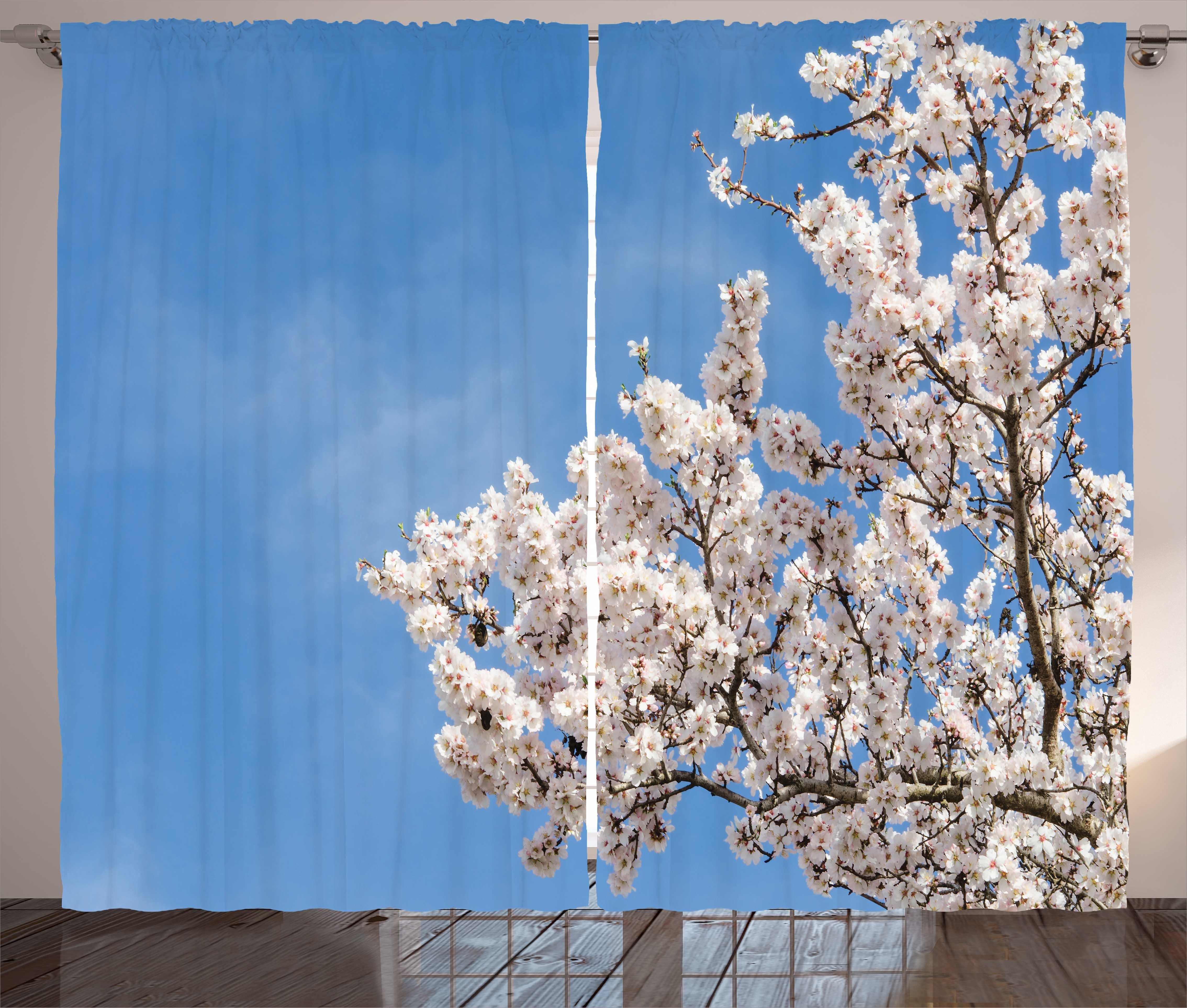 und Haken, Abakuhaus, mit Mandelblüte Botanik-Garten-Kunst Gardine Schlafzimmer Schlaufen Vorhang Kräuselband