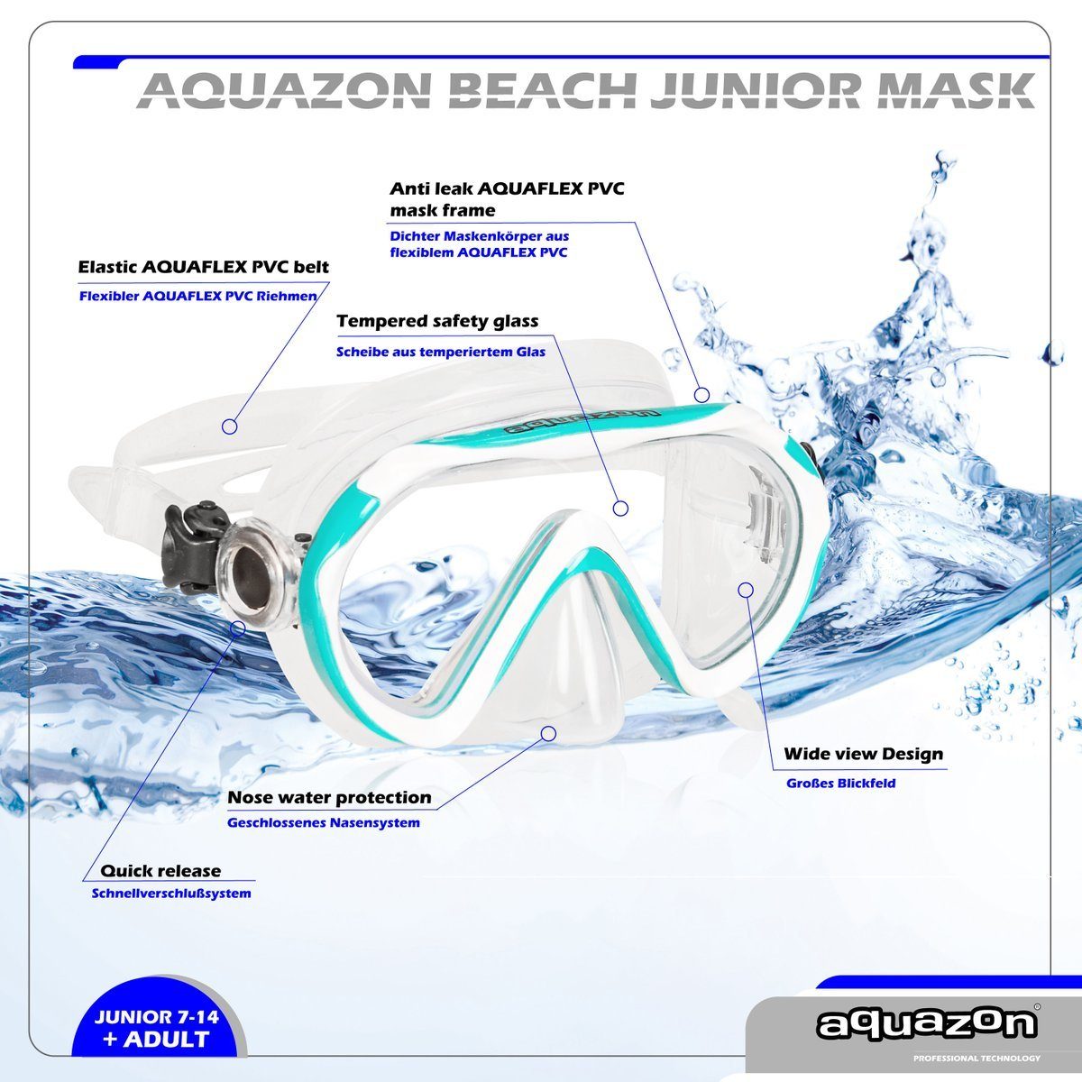 Kinder 7-12 Junior Silikon BEACH, Taucherbrille AQUAZON white Schnorchelbrille für Jahre, Green