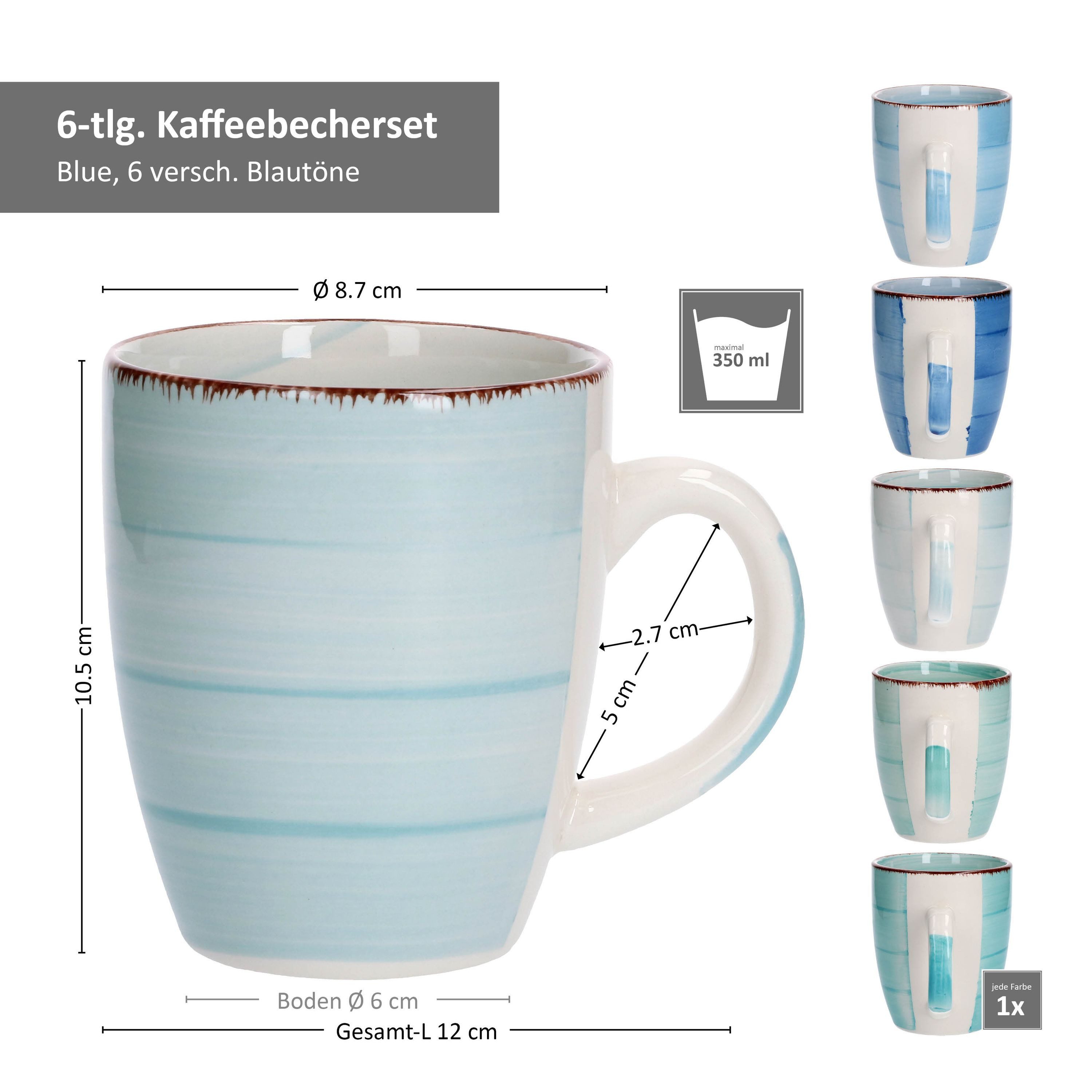 MamboCat Becher 6-tlg. Kaffeebecherset Blue 350 ml blaue Porzellan-Tassen, Steingut – Bild 4 von 4