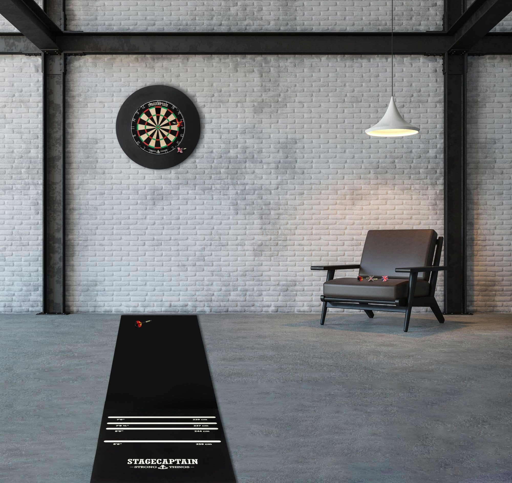 Stagecaptain Dartmatte DM-300 Dart-Bodenschutzmatte mit Oche (Dartteppich, 1-St., mit Abstandsmarkierungen), aufgedruckten Abwurflinien, Rutschfest, Länge: 3m
