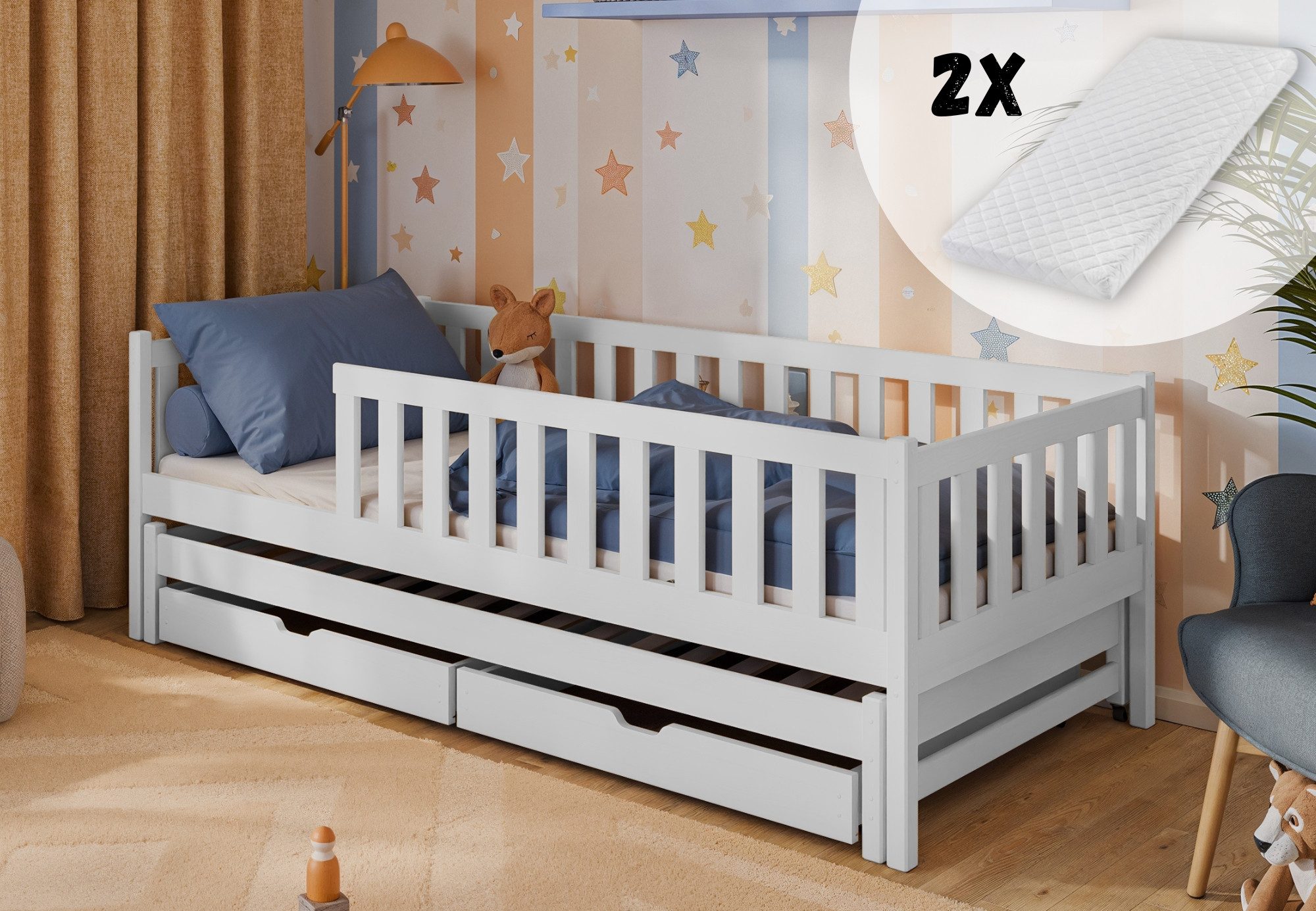 Kinderbett mit Rausfallschutz, Lattenrost und optionaler Matratze, Kinder Bett