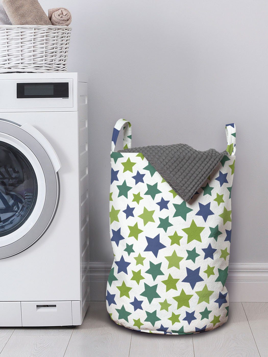Waschsalons, Wäschesäckchen Bunte Griffen Abakuhaus für Kordelzugverschluss mit Wäschekorb Zierelemente Sterne