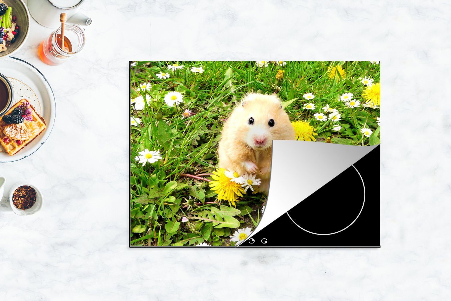 MuchoWow Herdblende-/Abdeckplatte Hamster tlg), cm, 70x52 Blumen, Arbeitsfläche zwischen nutzbar, (1 Mobile Ceranfeldabdeckung Vinyl