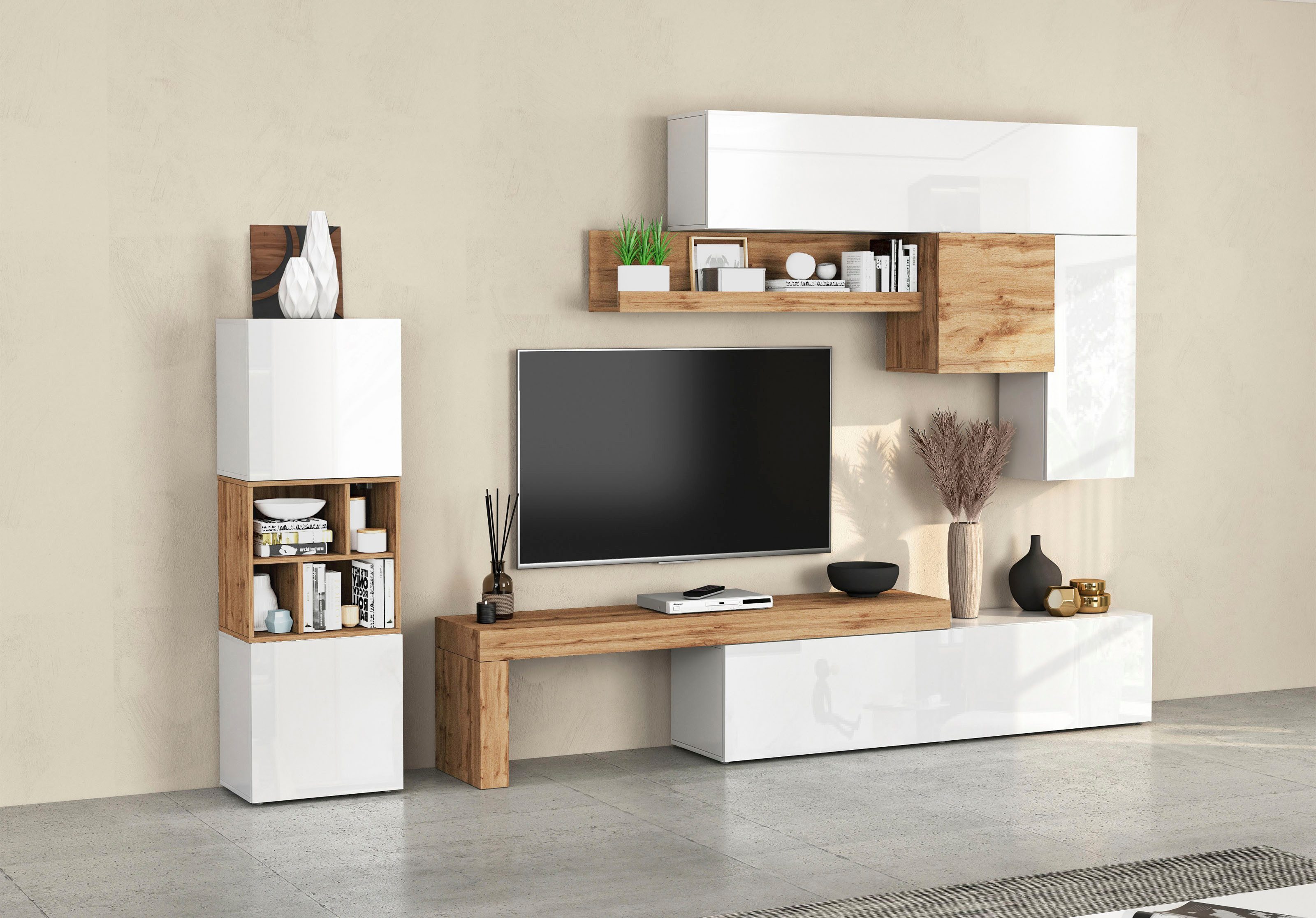 INOSIGN Wohnwand Chronos Wohnwand, Medienwand, 8-er set, (Set, 8-St), ca. 320 cm mit Hängeschränke, Würfel, Regal, Lowboard, Made in Italy