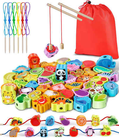 LENBEST Lernspielzeug 2 in 1 Fädelspiel Montessori Spielzeug (46 Psc Magnetisches Angelspiel Spiele ab 2 3 Jahre - Obst GemüSe Tiere Holzspielzeug), Lernspiele Motorikspielzeug Geschenk für Kinder