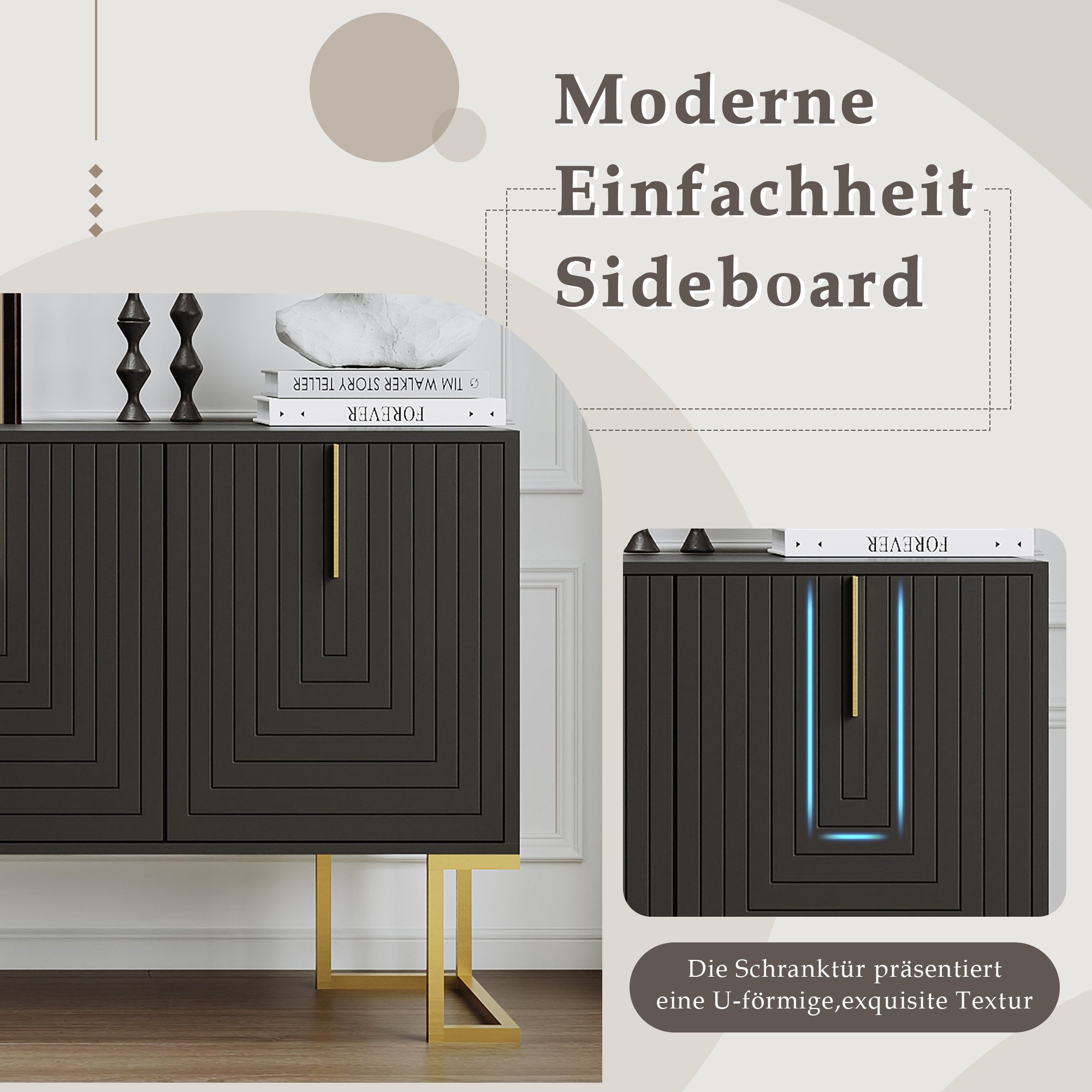 Merax Sideboard mit 3 Türen und verstellbaren Einlegeböden, Kommode mit Metallsockel,Anrichte,Buffet,TV-Schrank – Bild 4 von 5