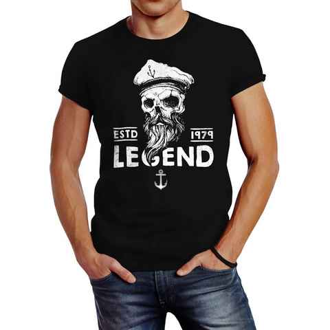 Neverless Print-Shirt Herren T-Shirt Skull Captain Legend Totenkopf Bart Kapitän Slim Fit mit Print