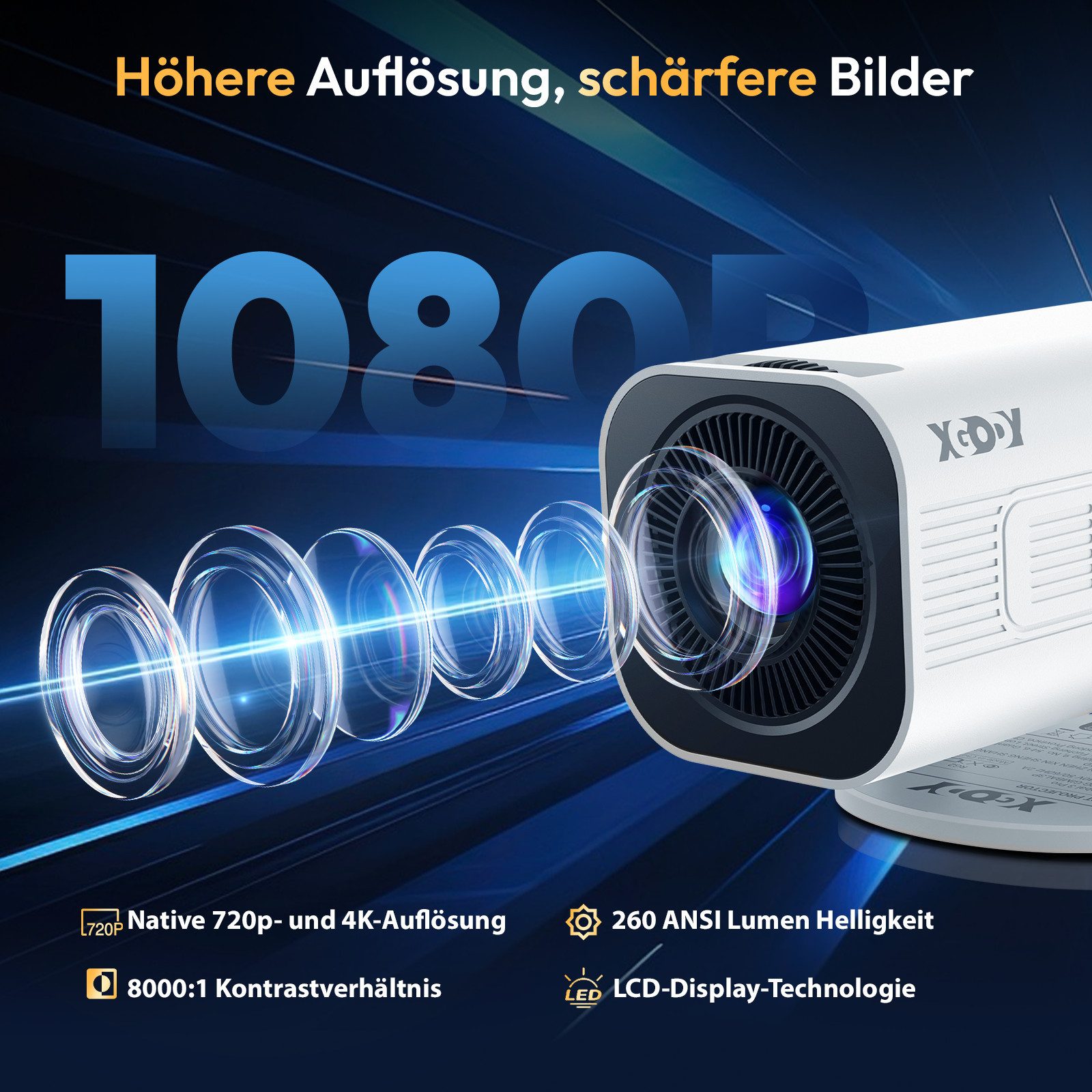 XGODY XGODY Tragbarer Projektor Mini-Beamer (260 lm, 1500:1, 3840 x 2160 px, Mini Projektor mit Android 14/WiFi 6/BT 5.4/ 180-Grad- Winkel)