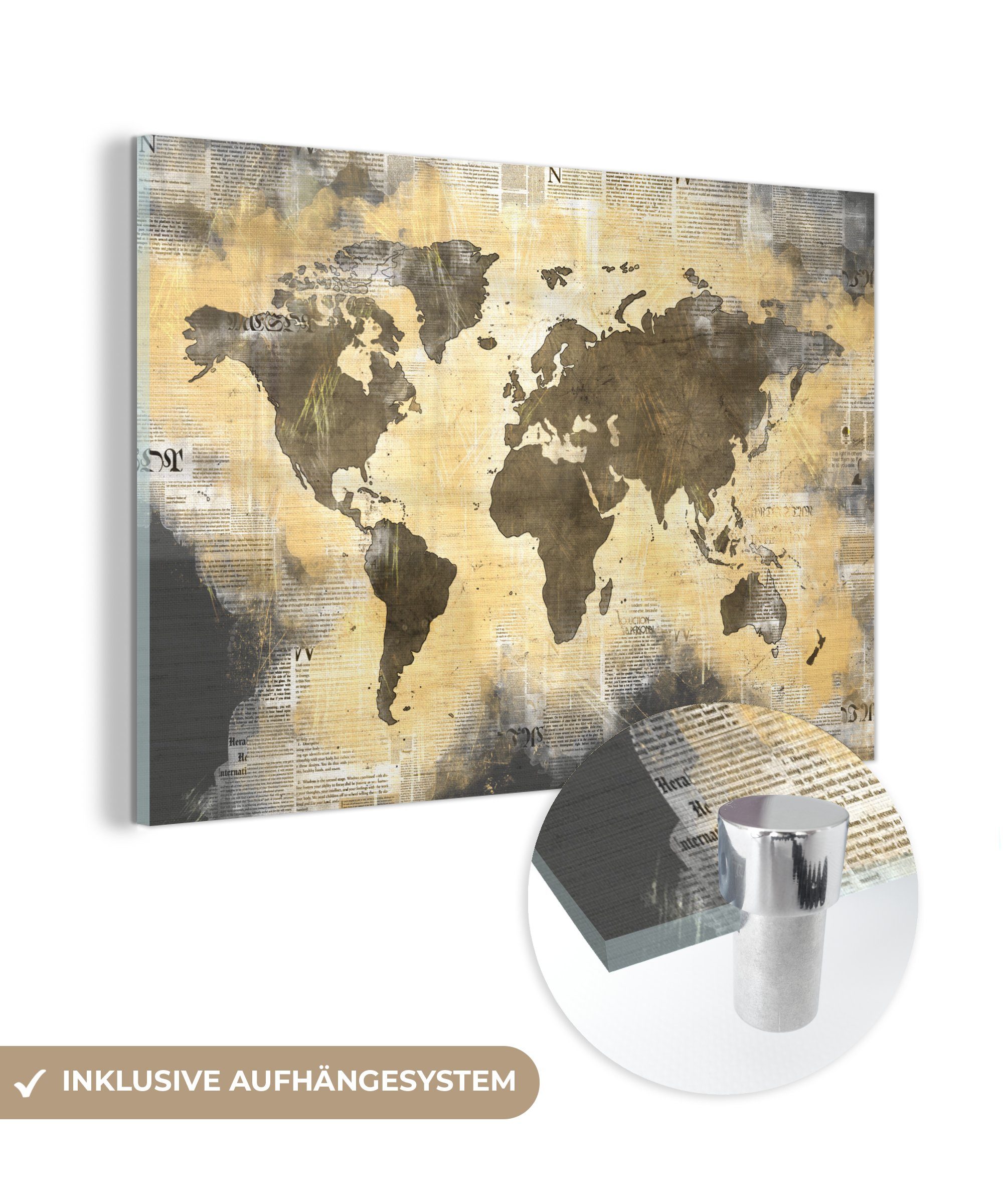 - Glas - Wandbild Glasbilder - Gold - - auf (1 St), Glas Foto Zeitung, Bilder Wanddekoration MuchoWow Acrylglasbild auf Weltkarte