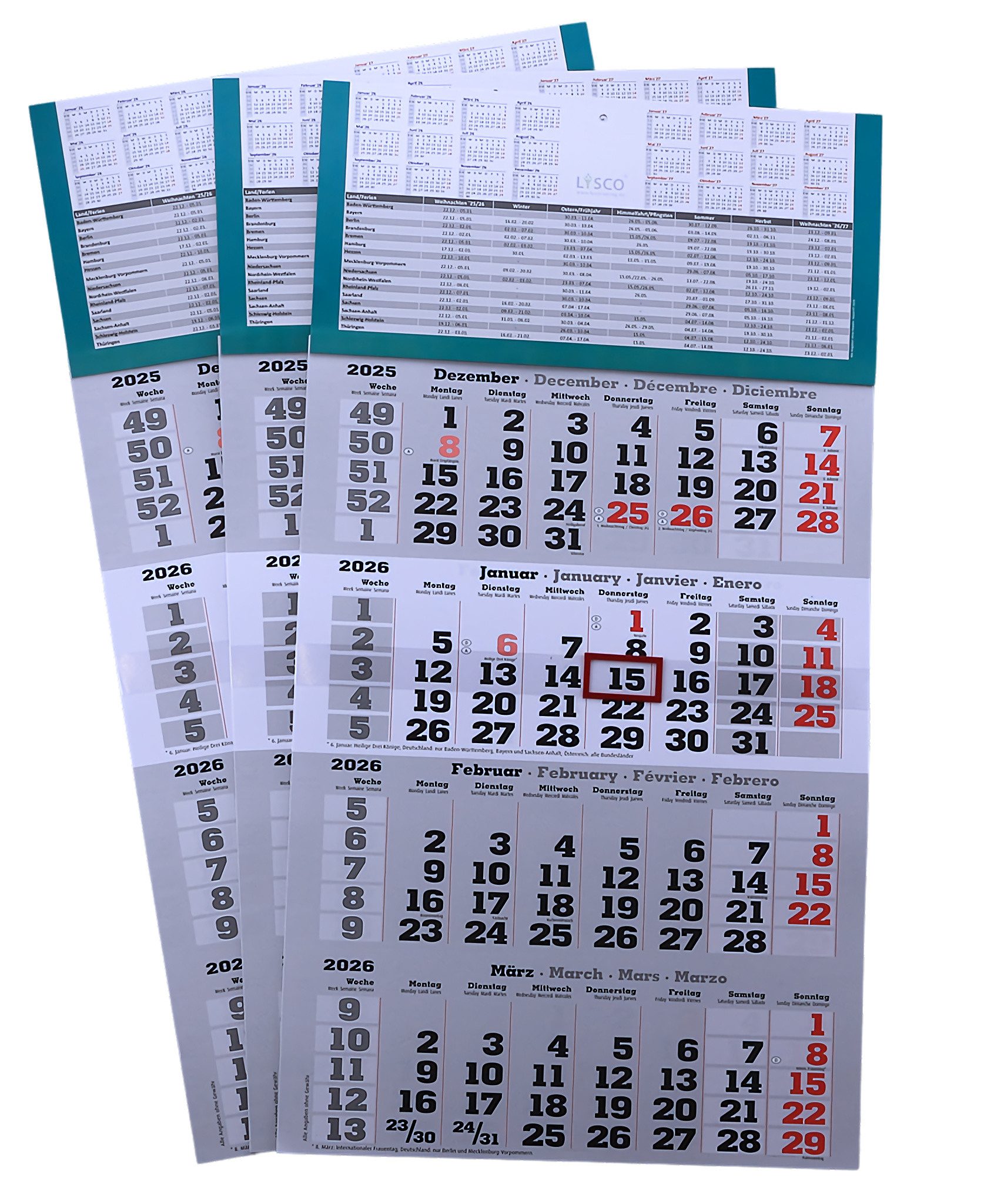 LYSCO Wandkalender Viermonatskalender 2026 4 Monatskalender Wandkalender, werbefrei, Feiertage und Ferien-dreisprachig-ENG,DE,AT, ES - Lieferung plano