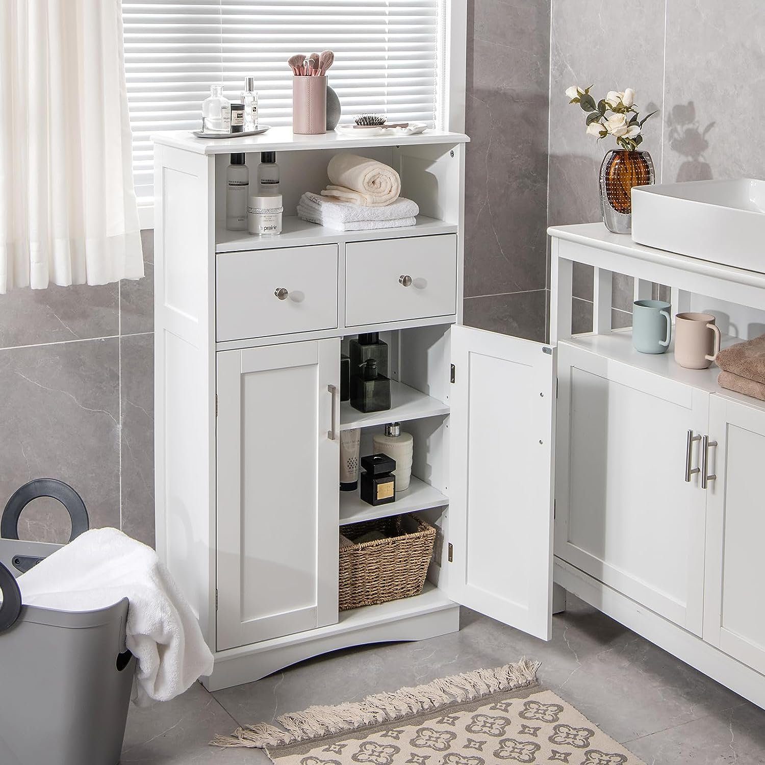 KOMFOTTEU Stauraumschrank Badezimmerschrank mit offener Ablage & 2 Schublad günstig online kaufen