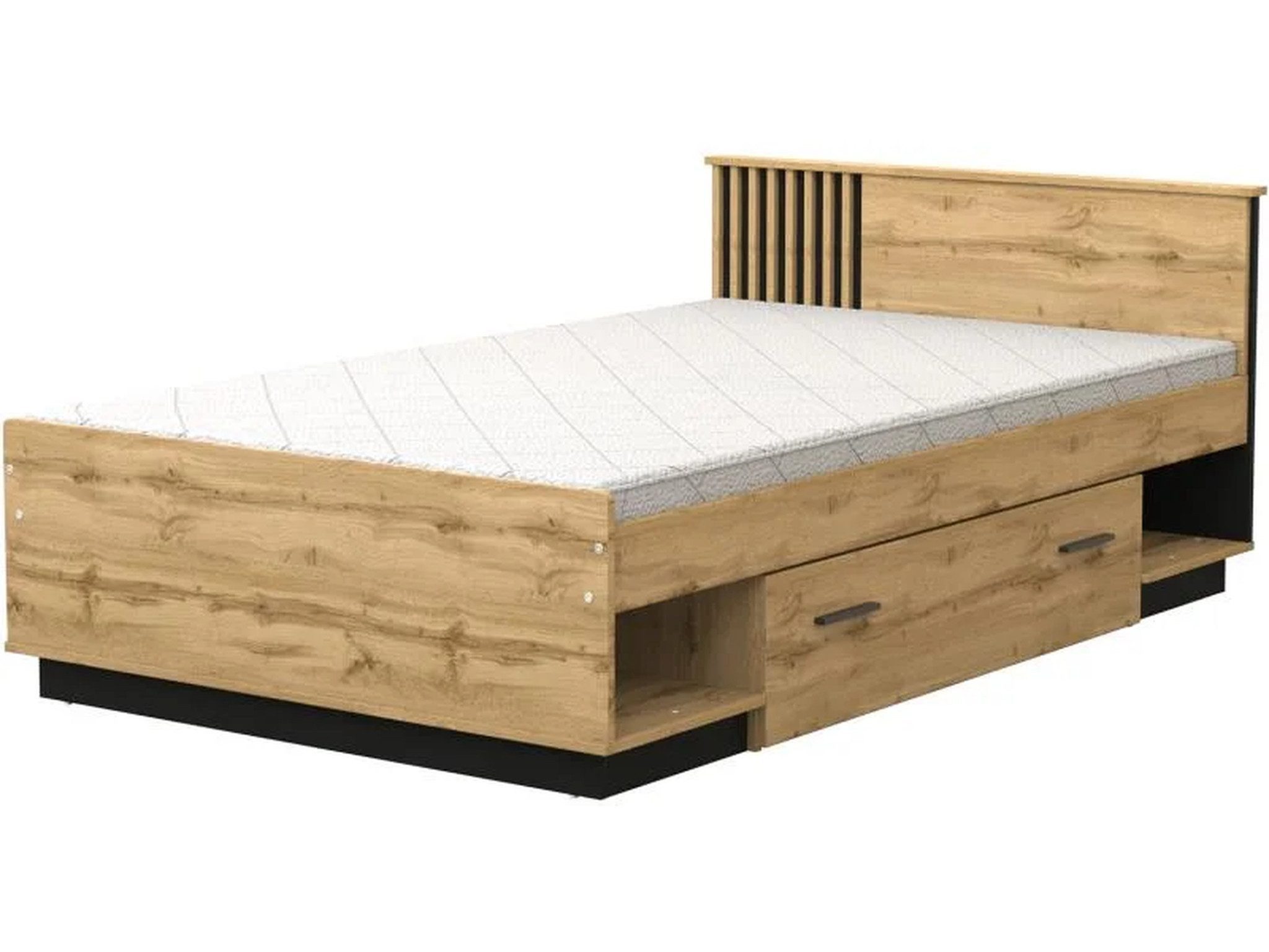 Beautysofa Holzbett LAMELO 120x200 cm mit Matratze & Schublade, Stilvolles mit Holzlamellen im Kopfteil, Mit praktischer Schublade