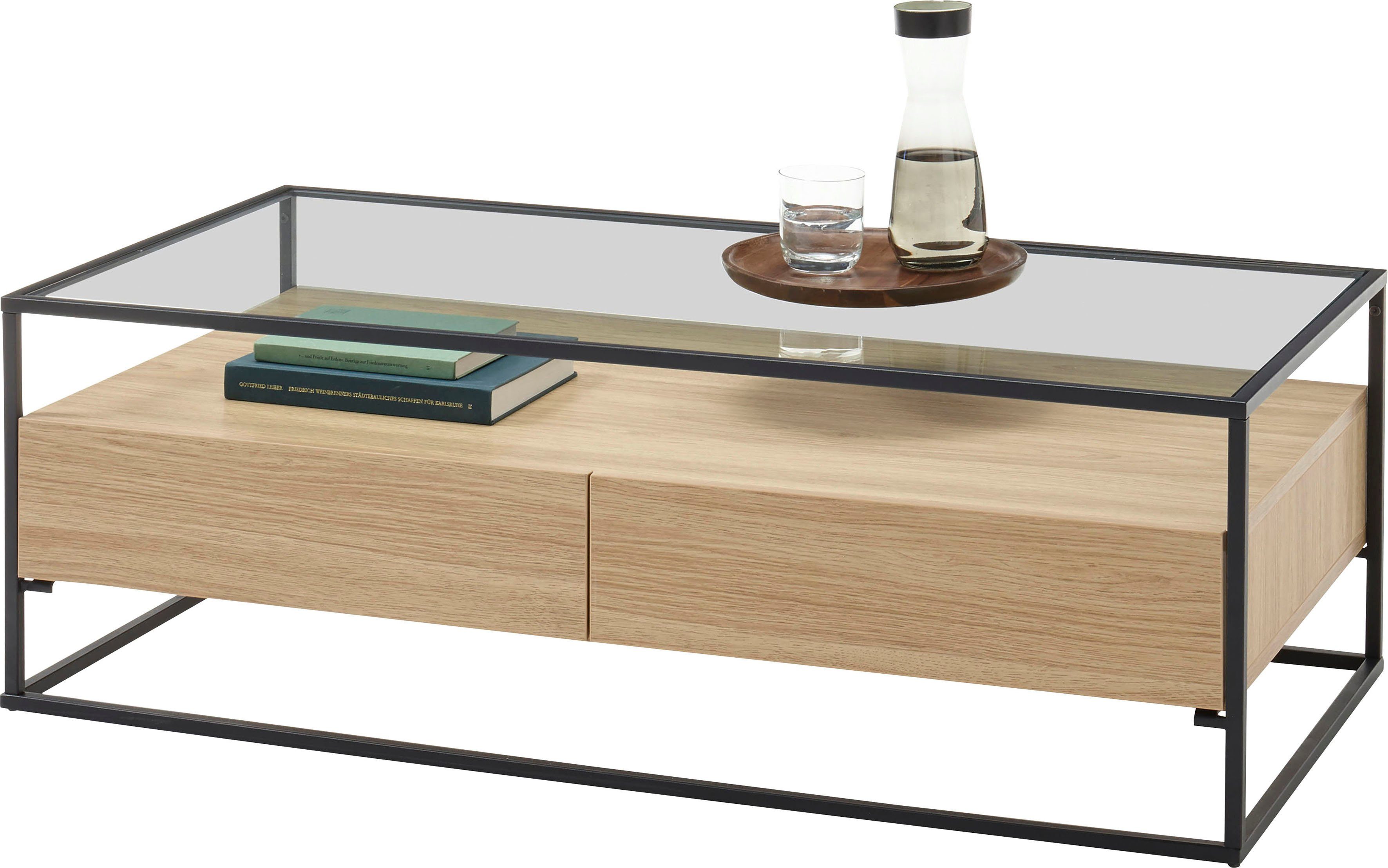 MCA furniture Couchtisch 2 Push mit mit open to Schubladen und Eiche Glas Evora