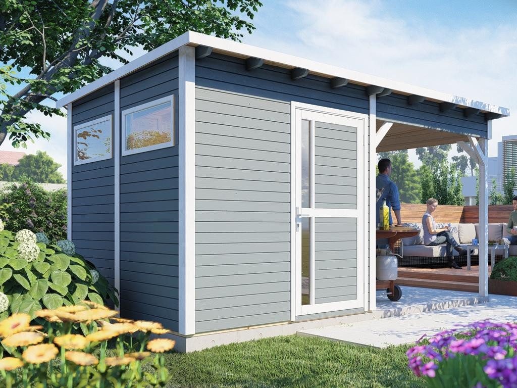 Woodtex Gartenhaus Gartenhaus Punta 2 mit Anbau 19 mm hellgrau, BxT: 470x265 cm, Anbaudach, 19 mm Wandstärke, Einzeltür