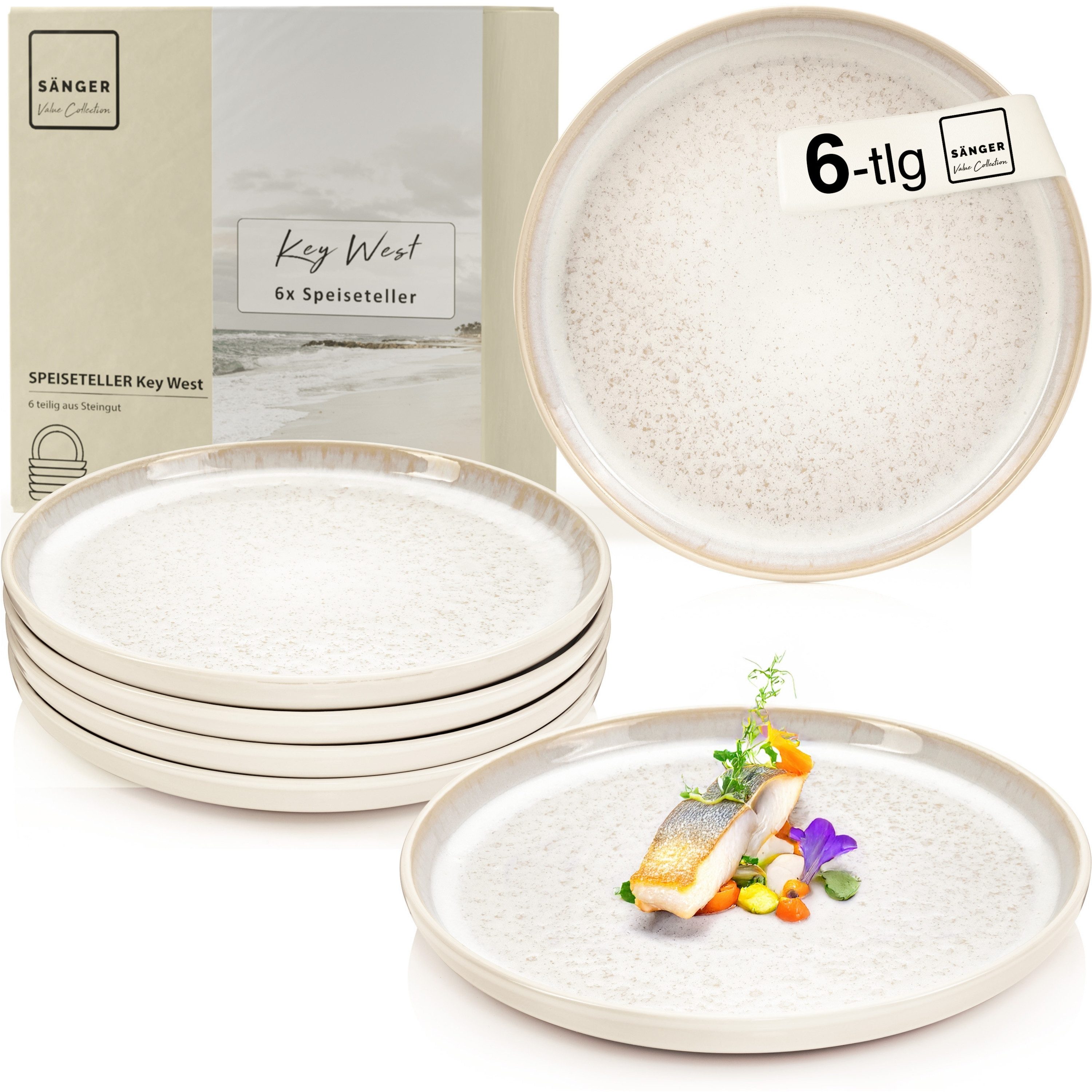 SÄNGER Teller Set Key West, Creme mit sandiger Maserung, (6 St), Speiseteller Set, 6 Personen, Steingut, Handmade, VALUE COLLECTION
