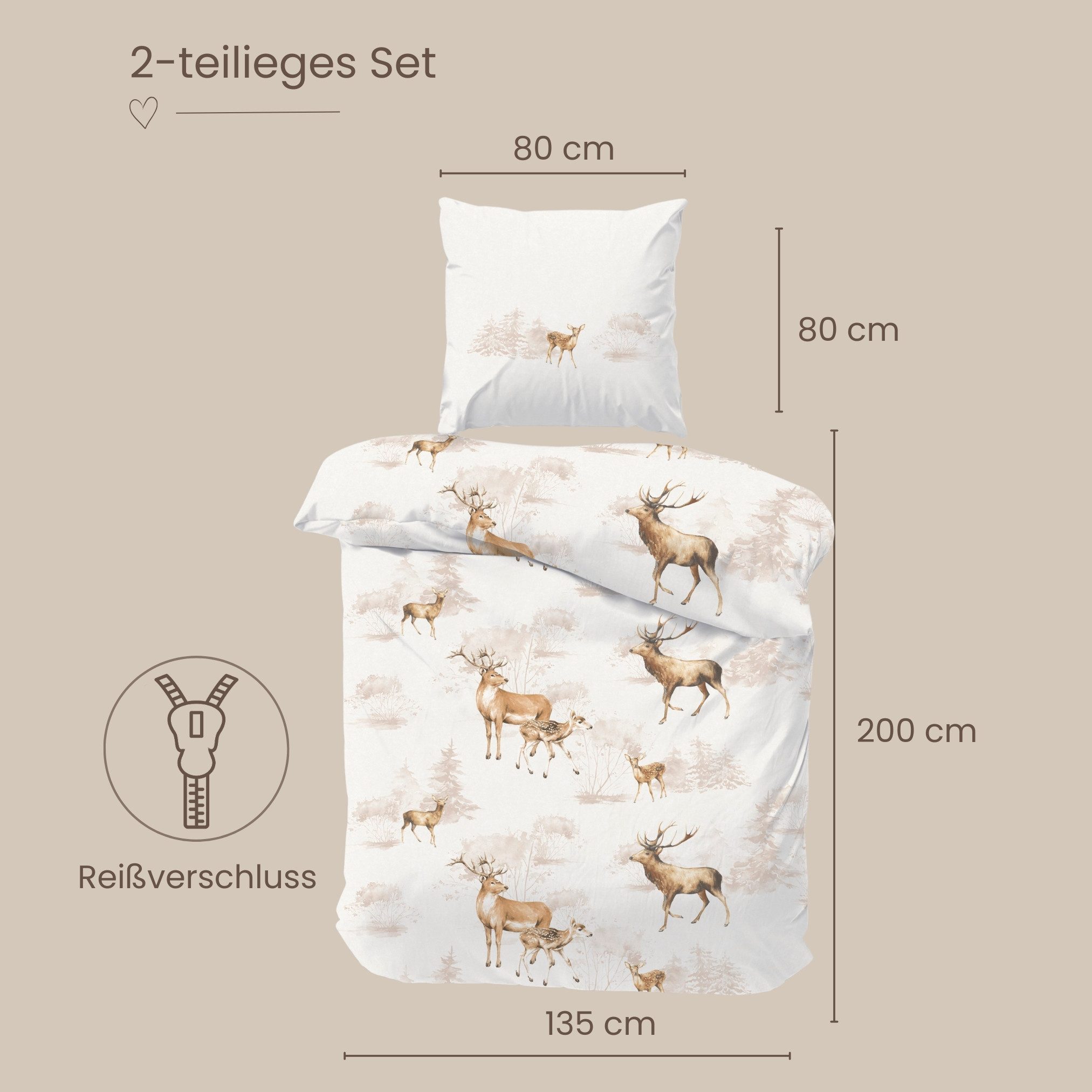 MTOnlinehandel Bettwäsche Waldgeflüster 135x200 cm Renforcé, Hirsch & Reh, 100% Baumwolle, 2 teilig, Harmonisches Naturdesign in sanften Farbtönen – Bild 4 von 5