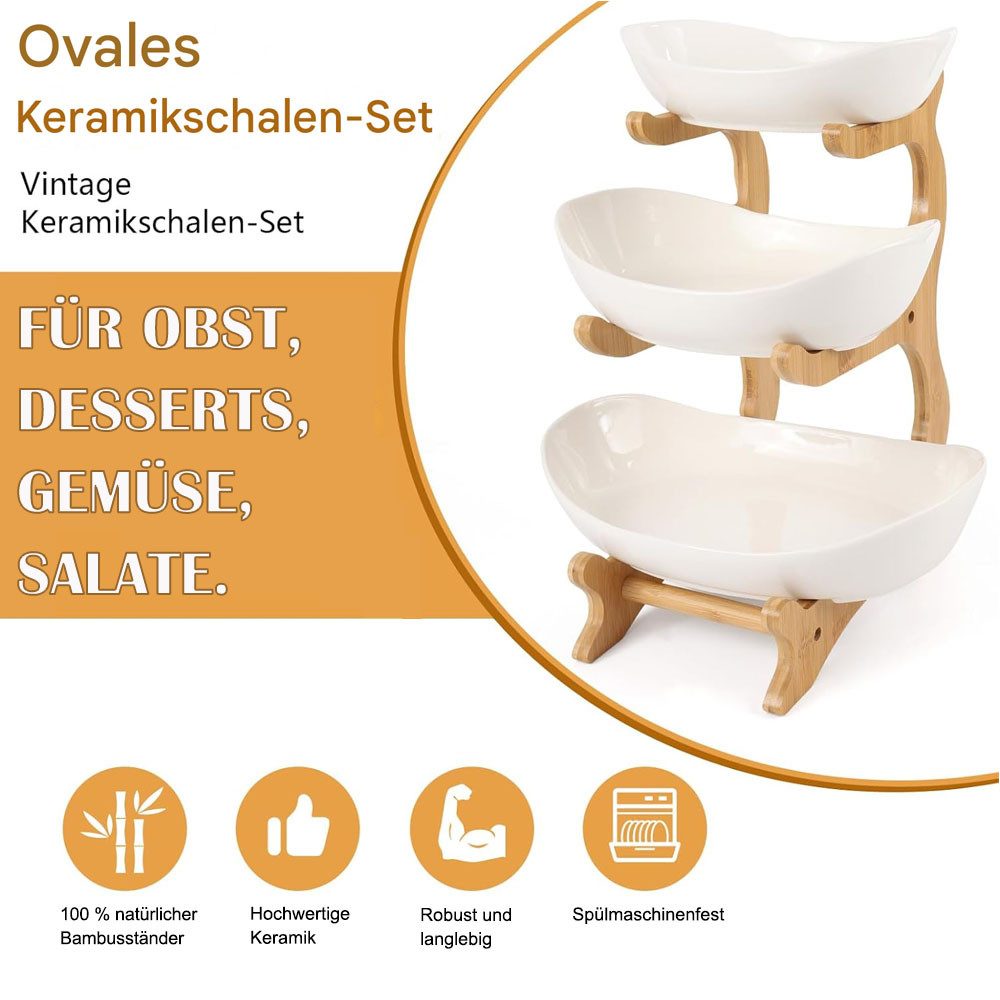 SURFOU Obstschale Obstkorb Etagere 3 Etagen aus Holz – Keramikteller für Obst und Snacks, Keramik, Bambusholz, (Weiß Keramik Etagere 3 Etagen, Obst Etagere 3 Stöckig, mit Natürlichem Bambus Ständer Servierteller für Gemüse, Obst, Snacks, 1-tlg), Spülmaschinenfest, Dekoschale für Küche und Arbeitsplatte