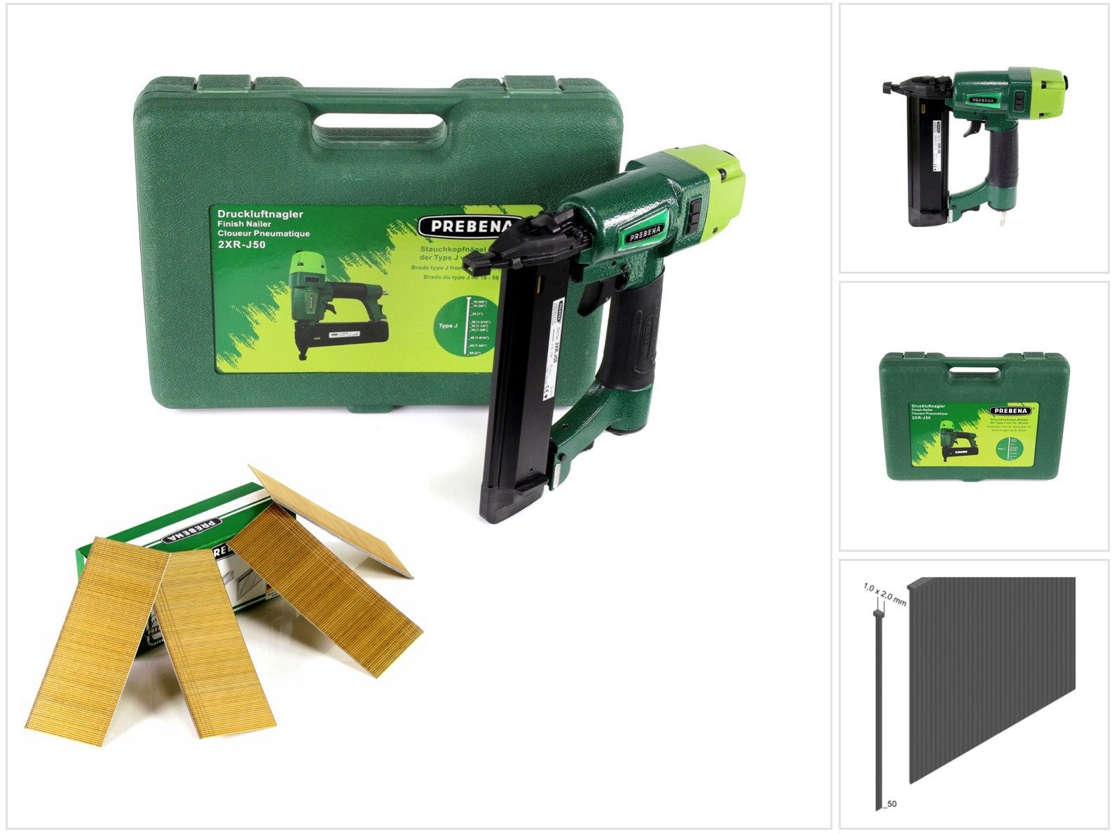 Prebena Druckluft-Nagler 2XR-J50 Druckluftnagler im Transportkoffer + Prebena Stauchkopfnägel