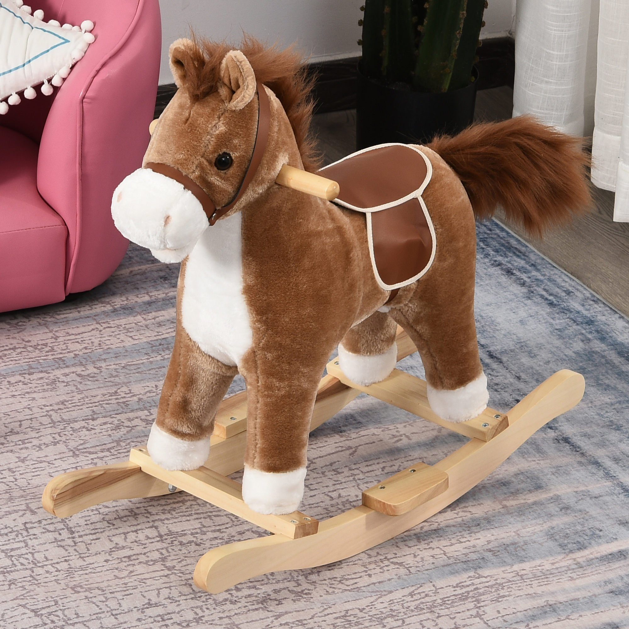 HOMCOM Schaukeltier Baby Pferd mit Tiergeräusche Spielzeug Haltegriffe, (1 tlg), Braun 65 x 32.5 x 61 cm – Bild 2 von 5