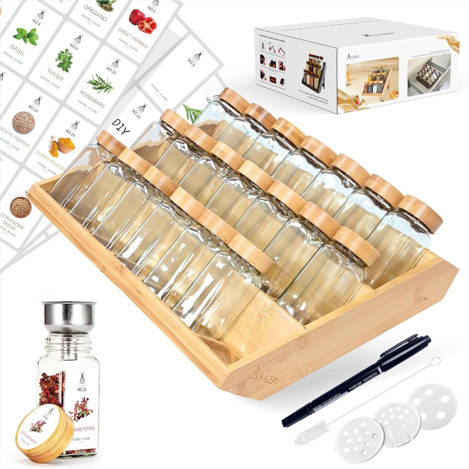 KingLux Gewürzbehälter Gewürzgläser Set mit 21x120ml Bambusregal eckig gewürzgläser glas, (21-tlg)