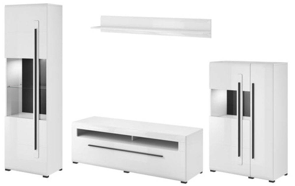 Helvetia Wohnwand Tulsa, (Tulsa, 4-St., 1 Vitrine, 1 Highboard, 1 Lowboard, 1 Wandregal), 290cm weiß / weiß Hochglanz 4-teilig