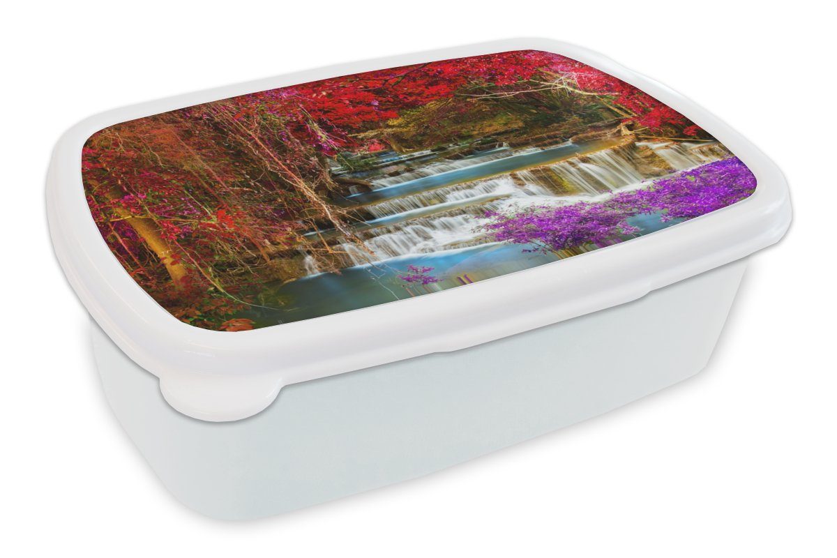 MuchoWow Lunchbox Wasserfall - Rosa - Bäume, Kunststoff, (2-tlg), Brotbox für Kinder und Erwachsene, Brotdose, für Jungs und Mädchen weiß