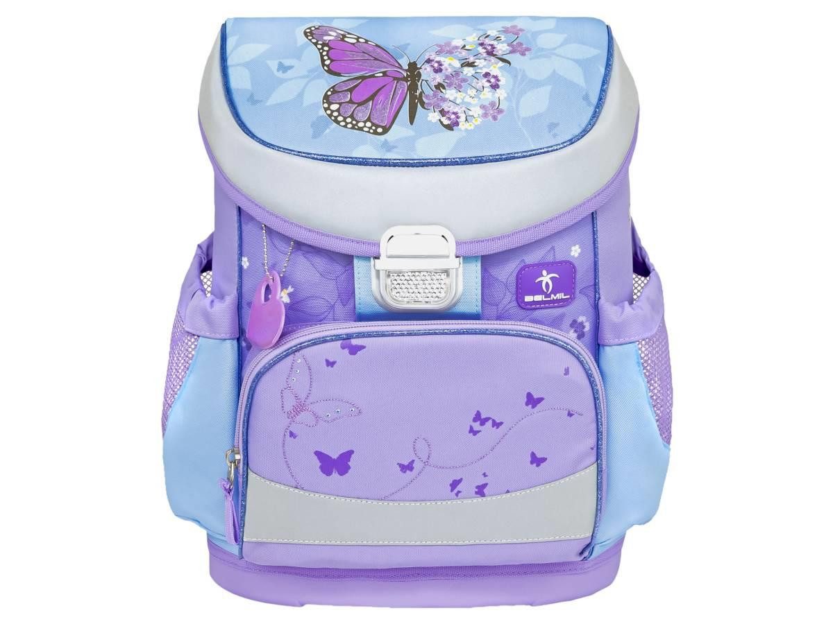 Belmil Schulranzen "Mini-Fit" 2026 für kleine Kinder 1. Klasse (Set, 4-tlg., mit Sportbeutel, Federtasche, Schlamper, Brustgurt), Schmetterling, Grundschule, Einschulung, für Mädchen