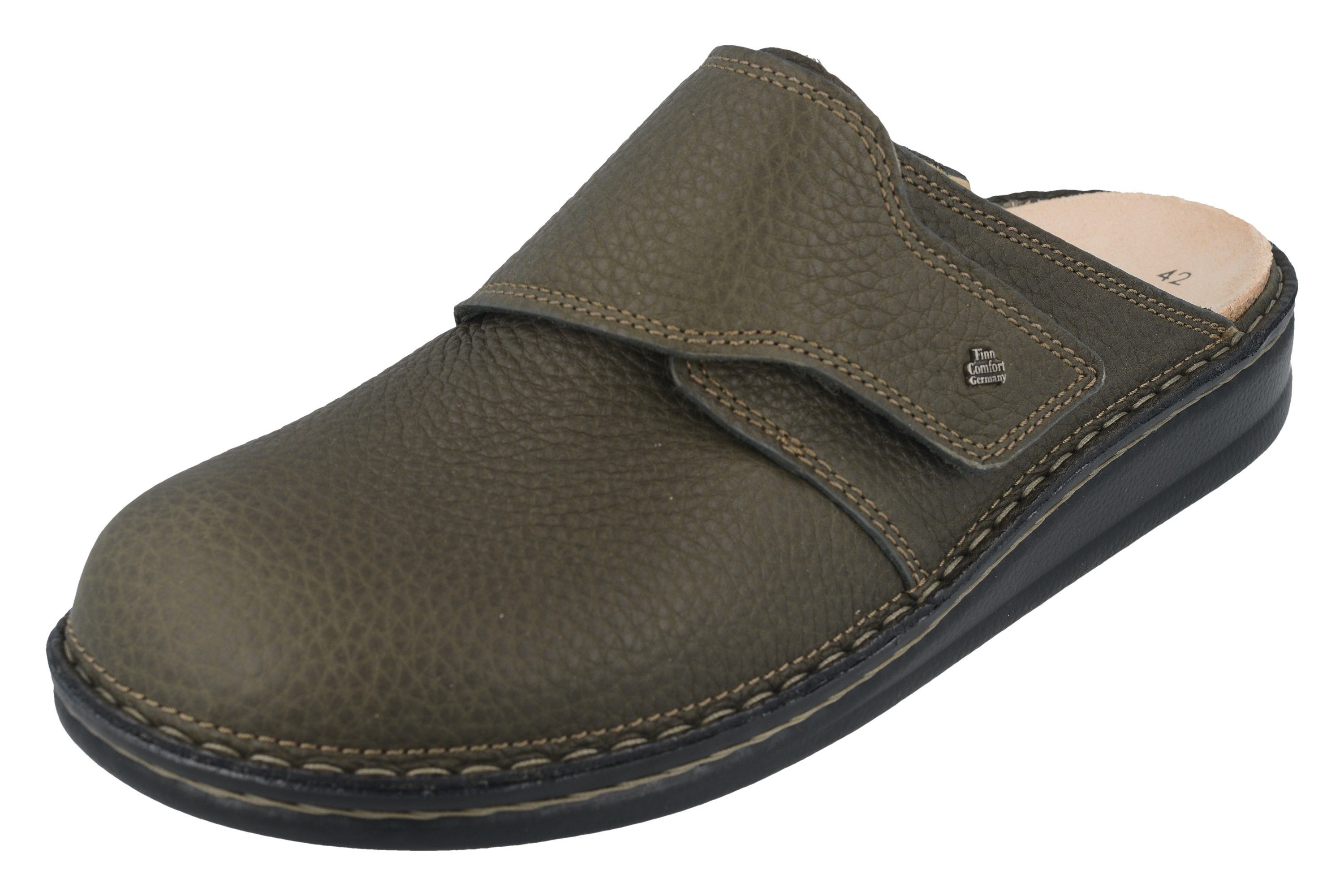 Finn Comfort FINN COMFORT Amalfi Herren Clog braun farngrün genarbtes Glattleder - Hausschuh Wechselfußbett